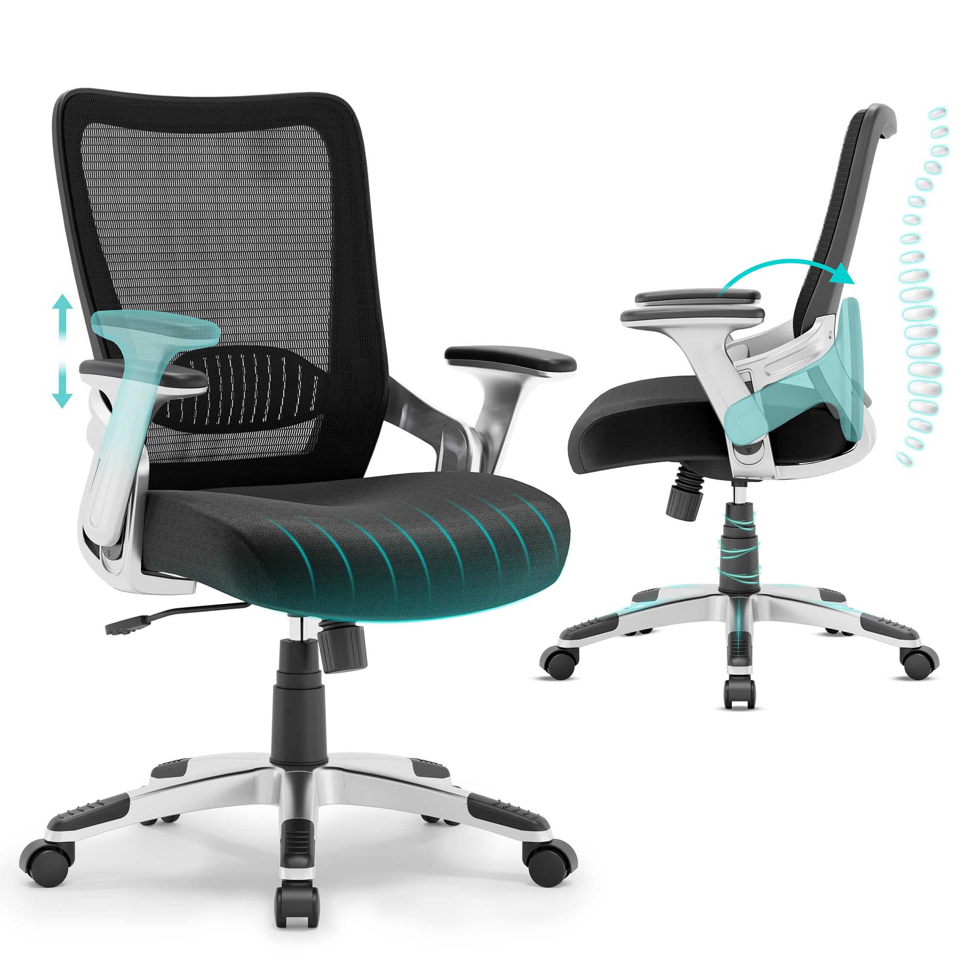 SUNNOW Ergonomic Office Chair - Adjustable Lumbar Support Mesh Computer Desk Chair with Flip-up Arms & Tilt Function - Wide Seat Executive Task Chair for Home Office - Perfect for Long Work Hours & Video Conferencing (Black)