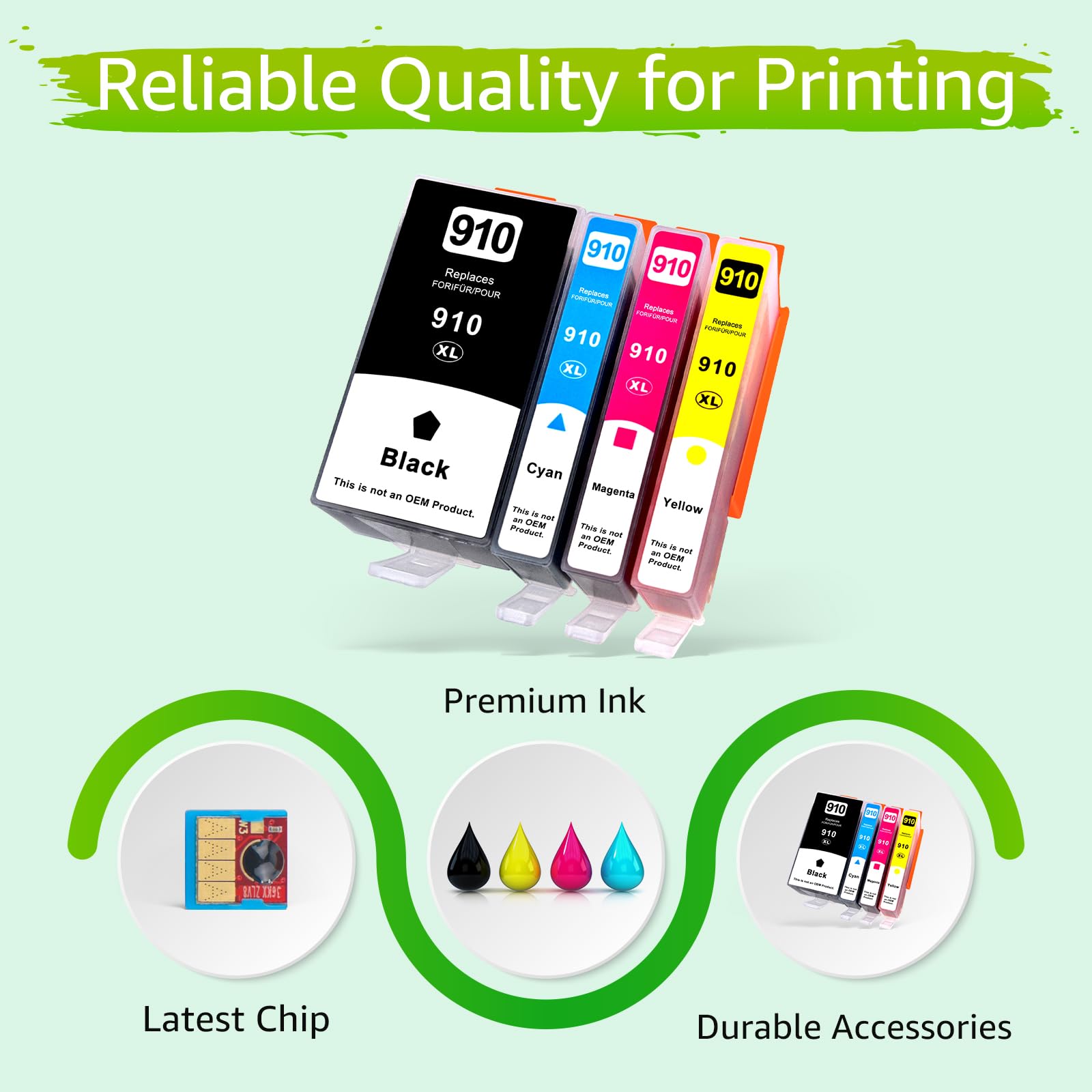 Greencycle 910XL Ink Cartridges Combo Pack (4 Pack) - High Yield Replacement for HP 910/910XL - Compatible with OfficeJet Pro 8020/8025/8028/8030/8035 & OfficeJet 8010/8015/8018/8022 Printers - Perfect for Home Office, School Projects & Small Business Printing Needs