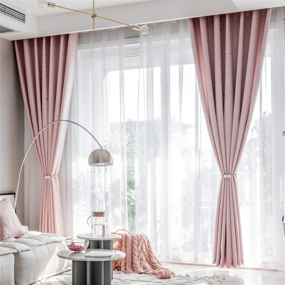 Blackout Curtains for Bedroom - 2 Panels Pink Linen Jacquard Star Grommet Top Window Drapes for Girls Room, Living Room & Kitchen - Perfect for Light Blocking, Privacy & Room Decor