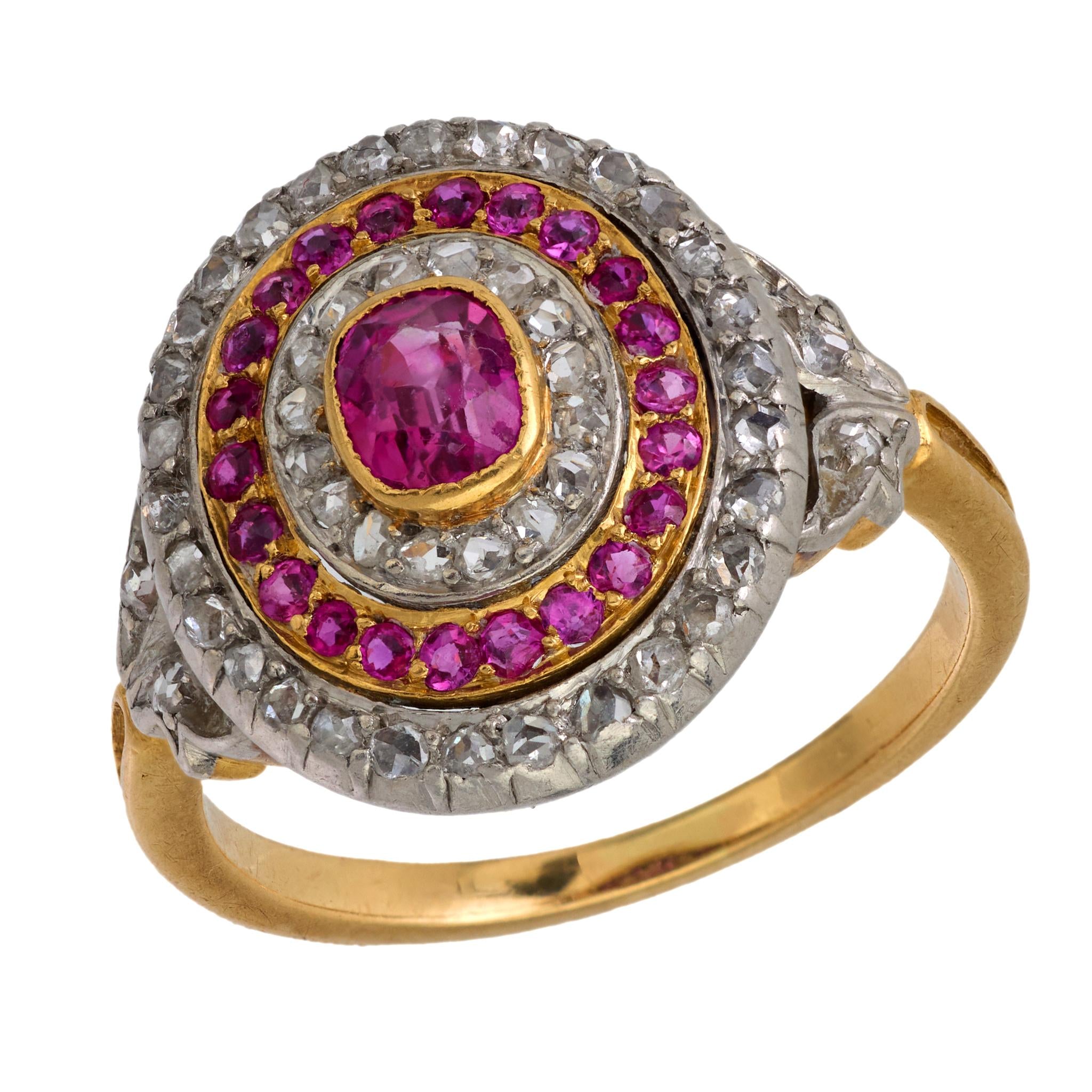 Antique French Belle Epoque Ruby & Diamond 18K Yellow Gold Platinum Cluster Ring - Vintage Engagement, Wedding, Anniversary Jewelry Gift