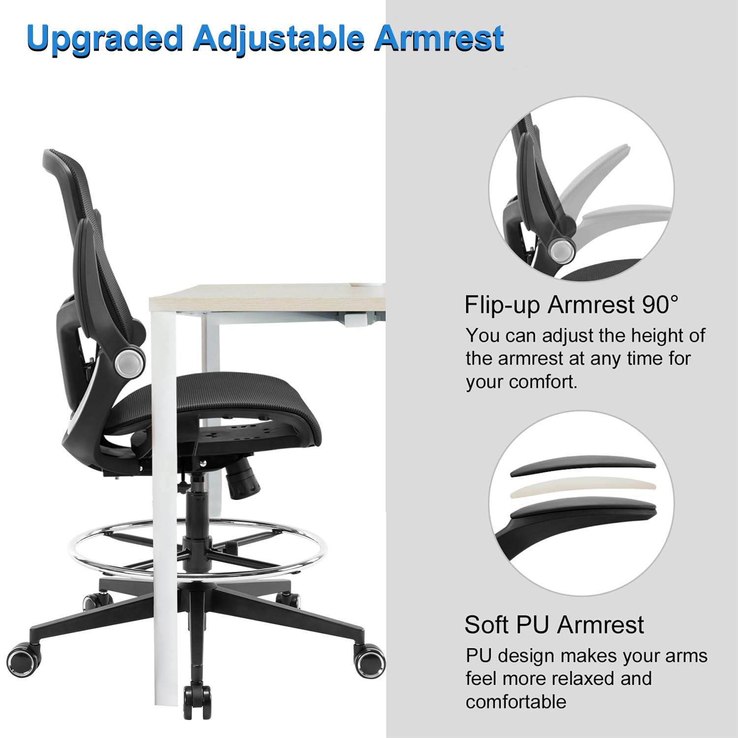 Ergonomic Office Drafting Chair - Adjustable Height Tall Desk Chair with Footrest & Lumbar Support - Executive Computer Chair for Standing Desks - Perfect for Architects, Designers & Home Office (Black)