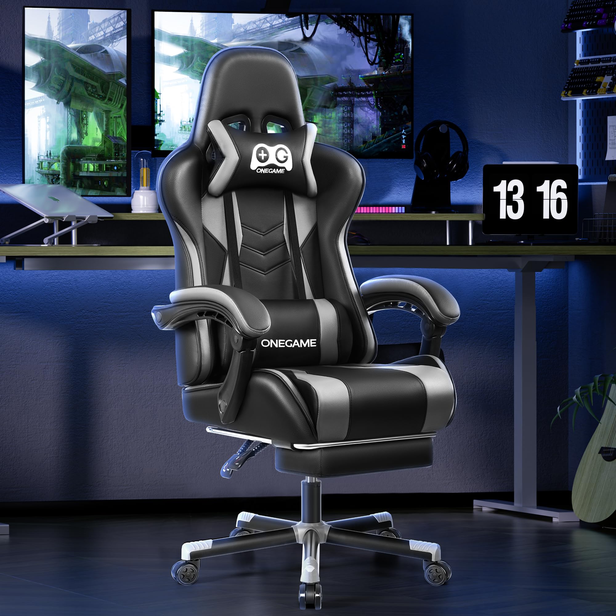 OneGame Ergonomic Gaming Chair with Adjustable Footrest & Lumbar Support - High Back Racing Style Computer Chair for Office & Home Gaming - 330LBS Weight Capacity (Black/Gray) - Perfect for Esports, Streaming & Long Work Sessions
