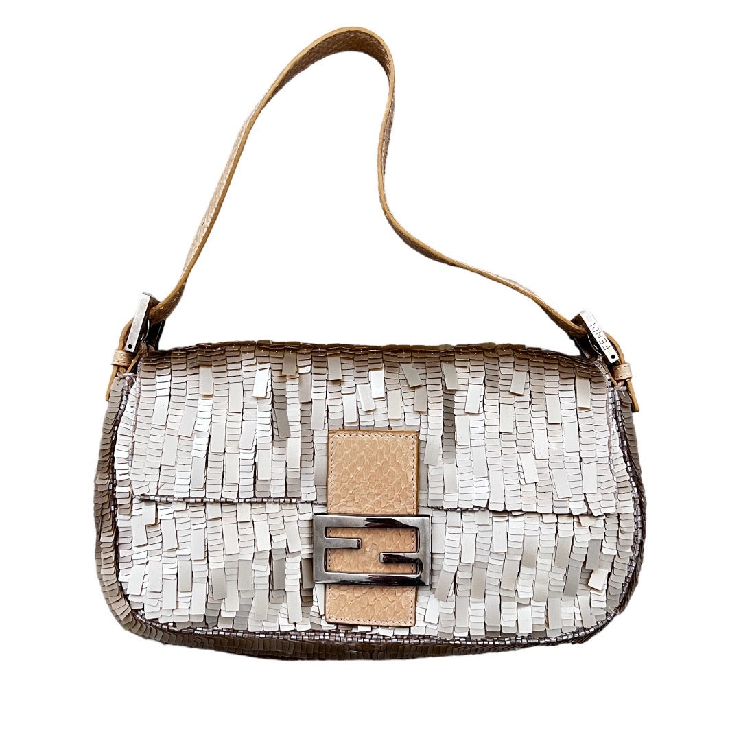 Fendi Champagne Gold Sequin Baguette Bag - Elegant Evening Clutch for Parties, Weddings & Special Events