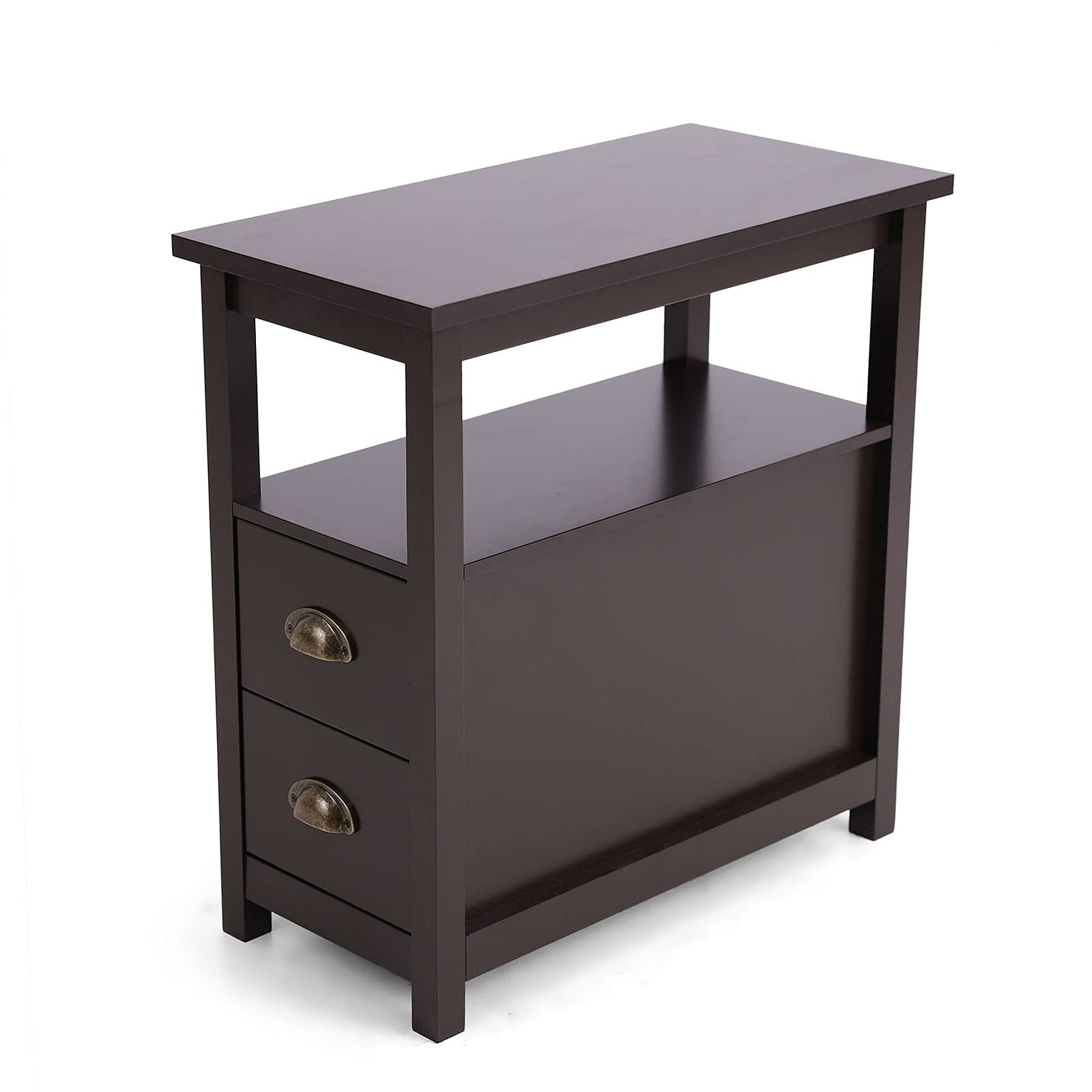 MAISON ARTS Brown Narrow End Table with 2 Storage Drawers & Open Shelf - Compact Sofa Side Table, Nightstand for Bedroom & Living Room - Perfect for Small Spaces, Apartment Decor, Coffee Table Alternative (Brown)