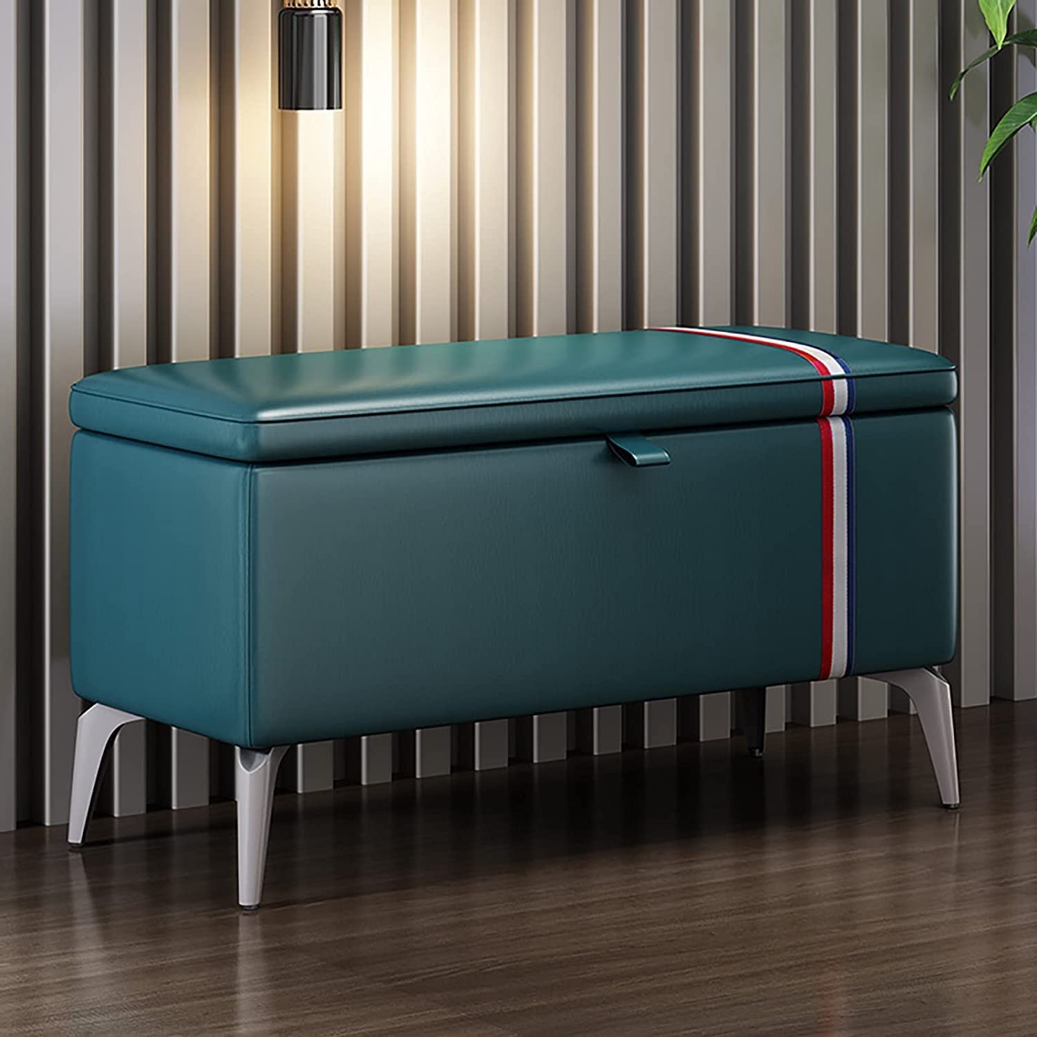Modern Leather Storage Ottoman Bench - Rectangle Entryway Shoe Bench with Padded Seat, Solid Wood Storage Trunk, Multi-Functional Furniture (Dark Blue, 39