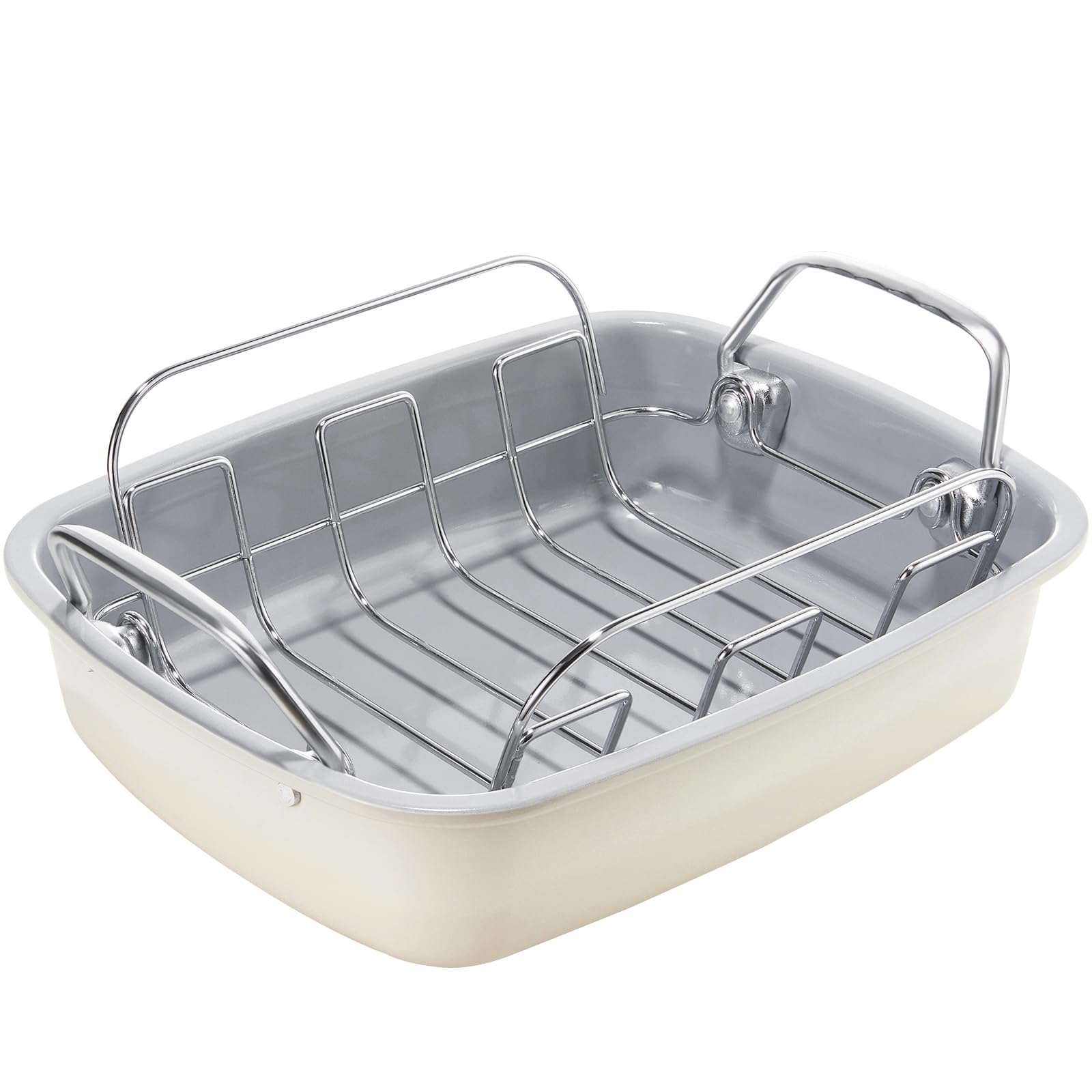 KITESSENSU 17 x 14 Inch Nonstick Turkey Roasting Pan with Rack - Heavy Duty Oven Safe Chicken Roaster with Wide Handles - Fits 24lb Turkey (Cream Color) - Perfect for Thanksgiving, Christmas & Holiday Cooking