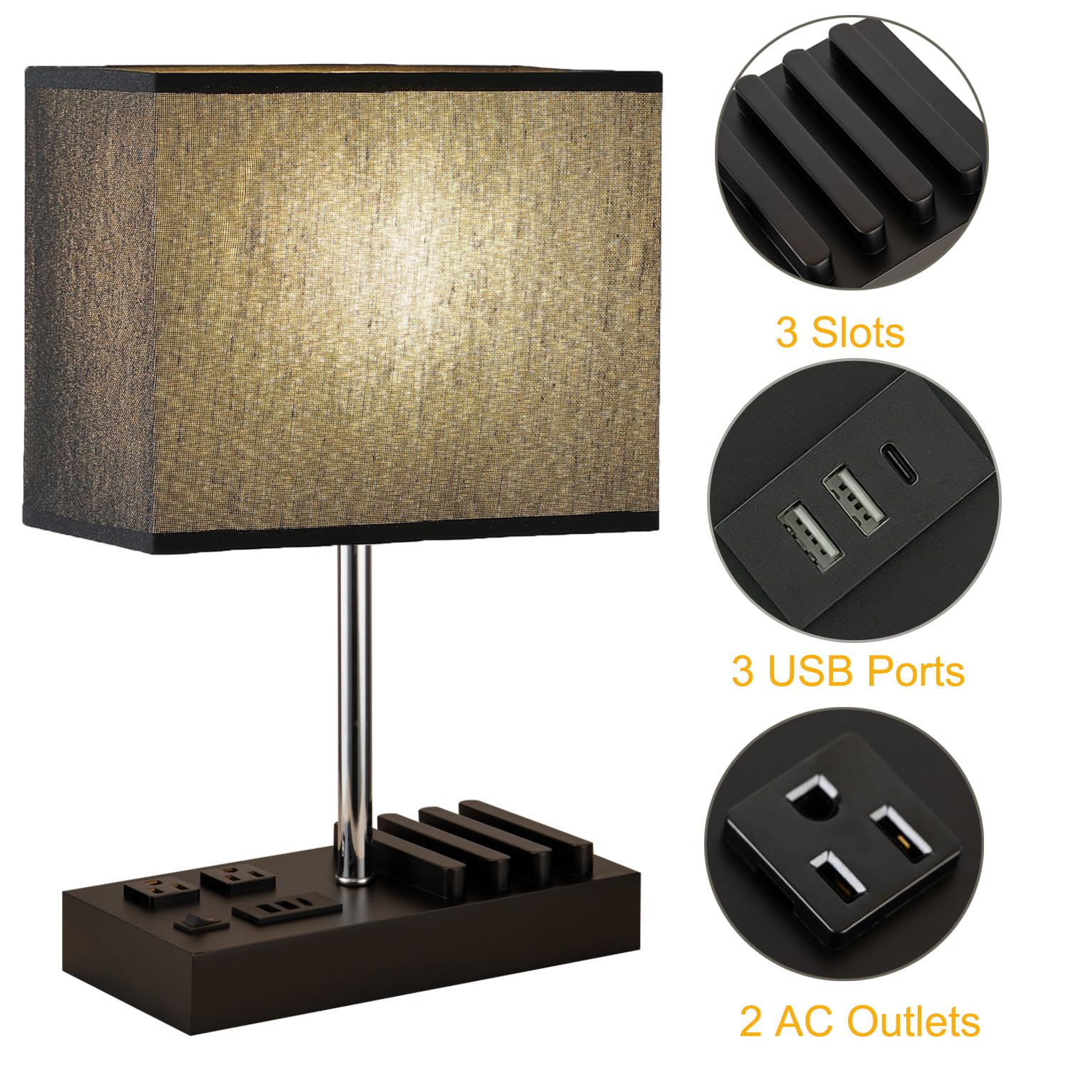 Briever USB Table Lamp with 2 AC Outlets & 3 USB Ports - Multi-Functional Bedside Desk Lamp with Wooden Phone Stand - Modern Nightstand Lamp for Bedroom, Office, Dorm - Black Shade (Perfect for Reading, Charging Devices & Organizing Small Spaces)