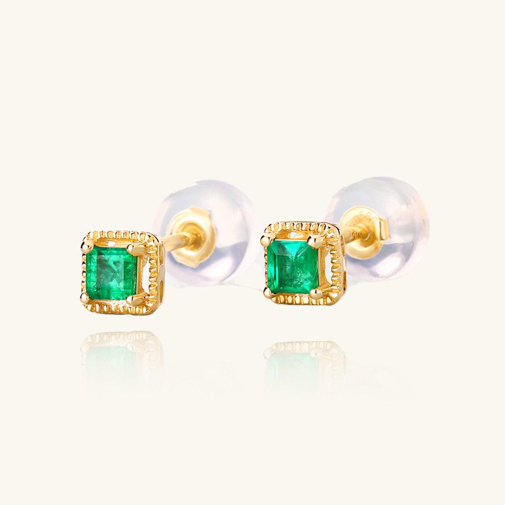 Elegant Gold Emerald Stud Earrings for Women - 14K Solid Gold Dainty Earrings with Genuine Emerald Gemstone - Perfect for Weddings, Parties & Everyday Wear