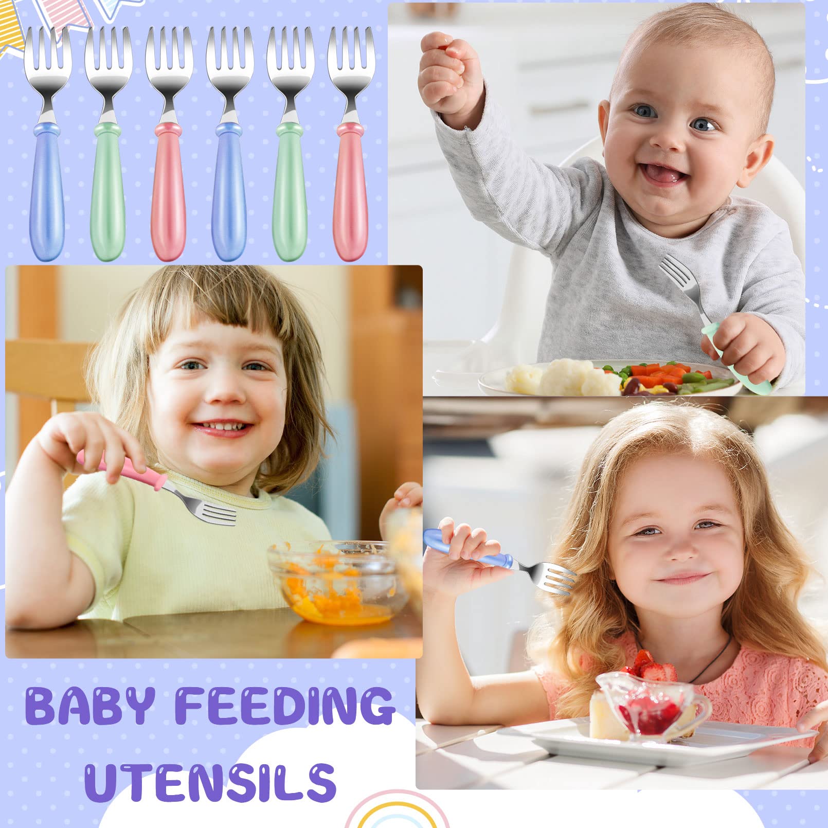12Pcs Stainless Steel Toddler Forks - BPA Free Baby Utensils for Self Feeding | Kids Safe Cutlery with Round Handle for Boys & Girls | Dishwasher Safe | Perfect for Home, School Lunch & Travel Dining