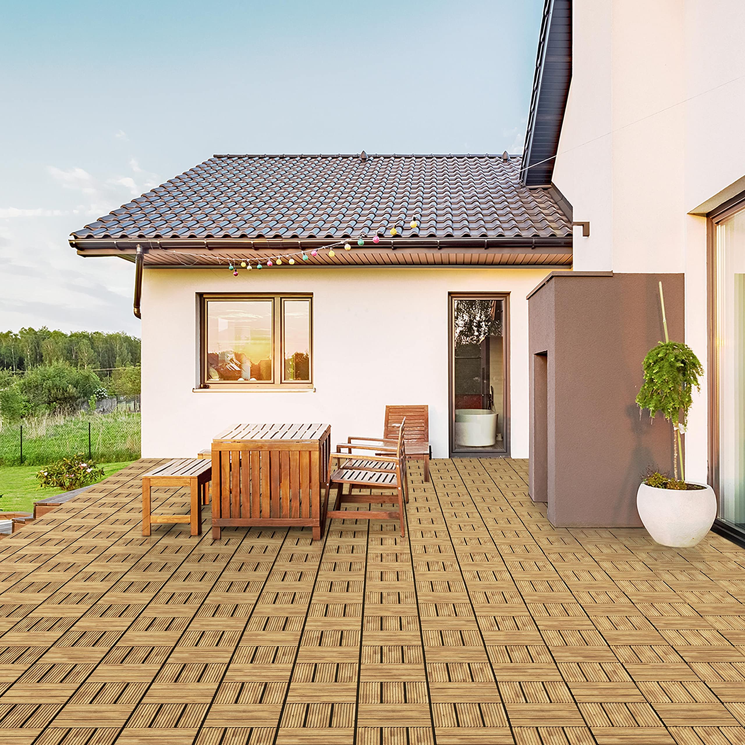 Topeakmart 27PCS 12x12 Inch Hardwood Deck Tiles - Interlocking Patio Tiles for Indoor & Outdoor Use - Solid Fir Wood Waterproof Garden Flooring - Natural Wood Finish - Perfect for Balcony, Deck, Poolside & Garden