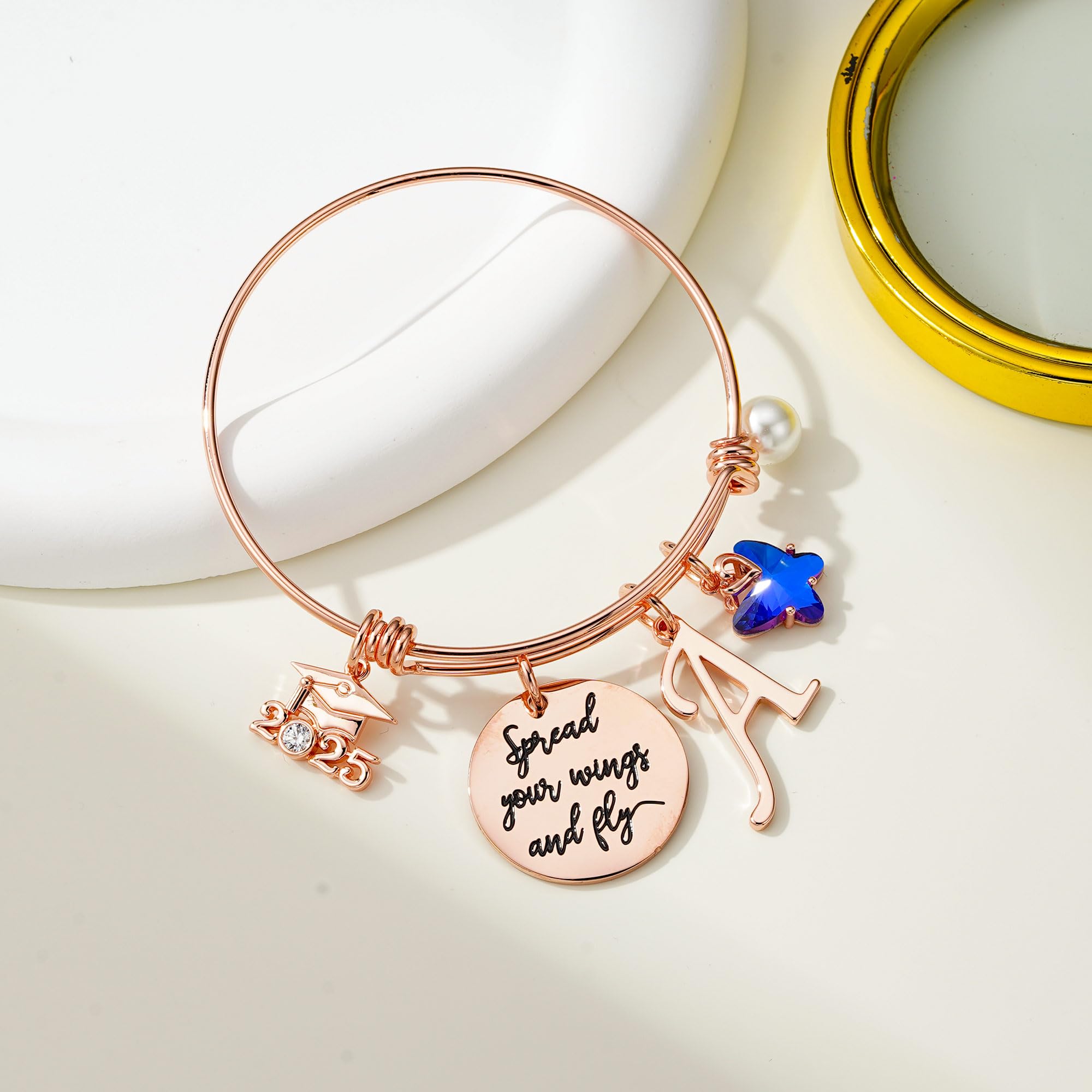 2025 Graduation Gifts for Women - Personalized Initial Bracelet with Butterfly Charm & Inspirational 'Spread Your Wings and Fly' Quote, Elegant Bangle Jewelry Gift for Her - Perfect for Graduation Ceremonies, College Gifts & Motivational Presents