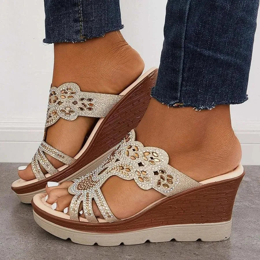 Sparkly Rhinestone Wedge Sandals for Women - Comfortable Slip-On Summer Shoes for Beach, Wedding & Party Occasions