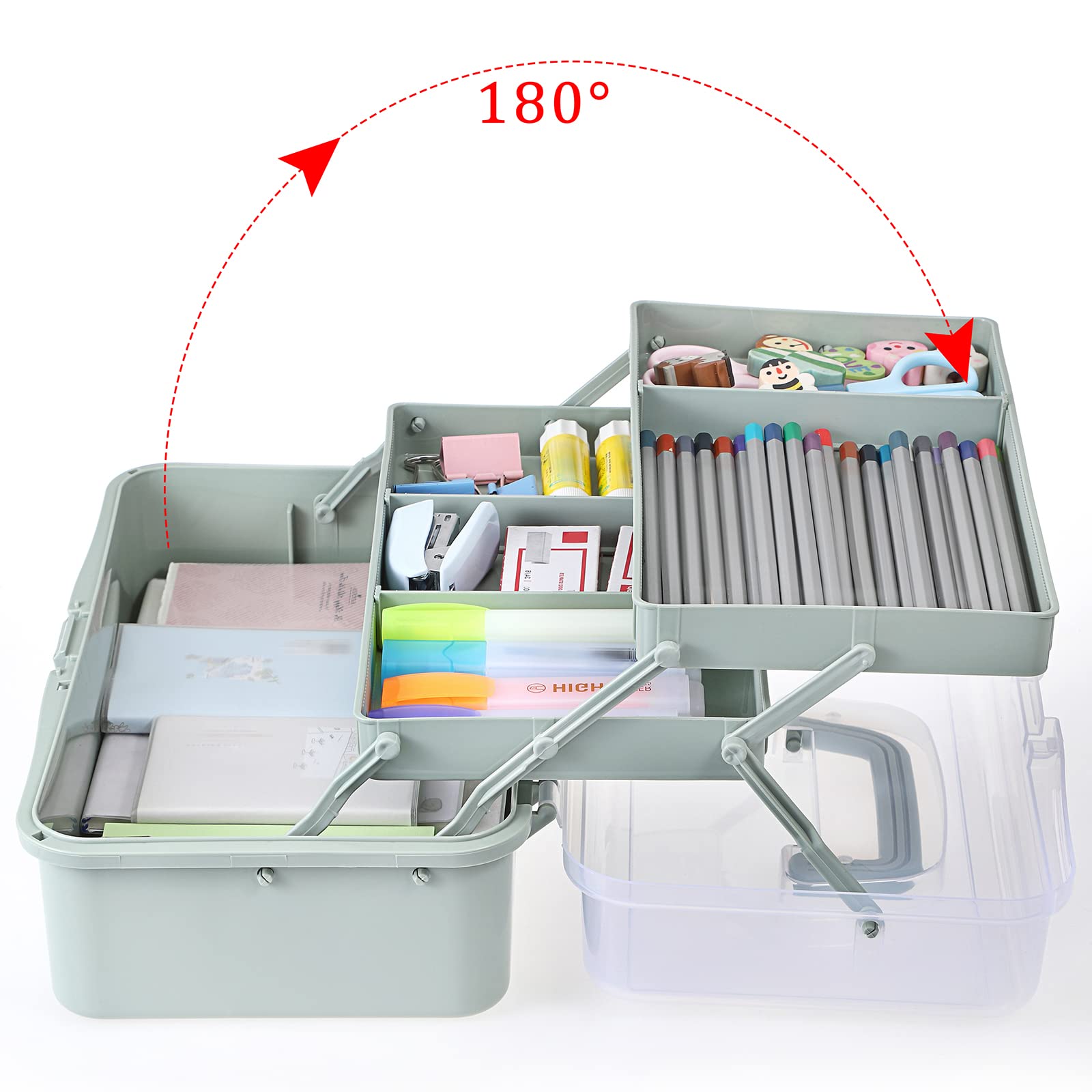BTSKY 3-Layer Plastic Storage Box with Adjustable Dividers - Portable Craft Organizer for Art Supplies, Sewing Kits, Medicine & Home Organization - Perfect for Artists, Crafters & Home Use (Haze Green)