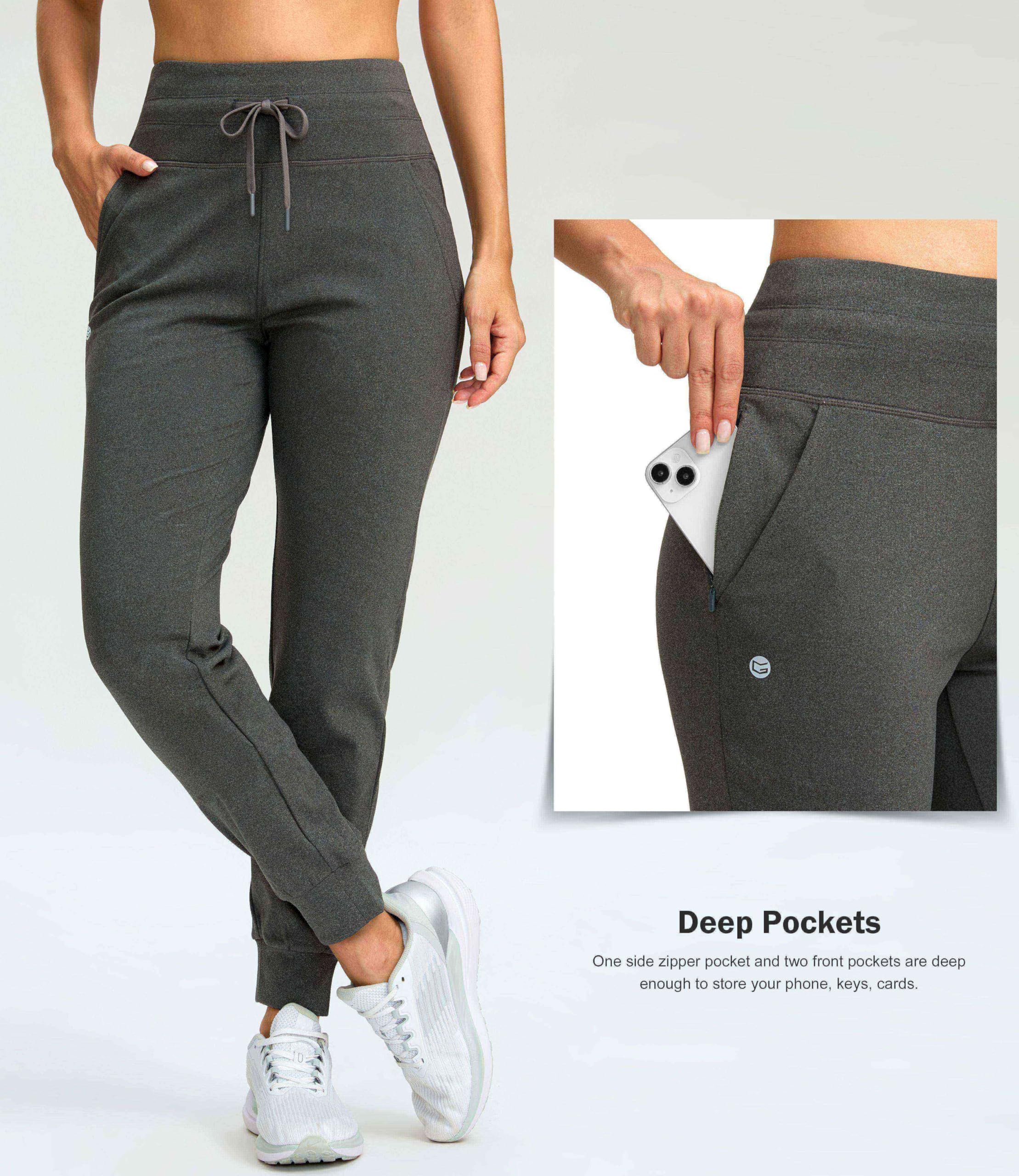 Women's High Waisted Fleece Lined Joggers - 28/30/32 Inch Thermal Sweatpants with Zipper Pockets | Water Resistant Winter Warm Pants for Running, Yoga & Lounge Wear