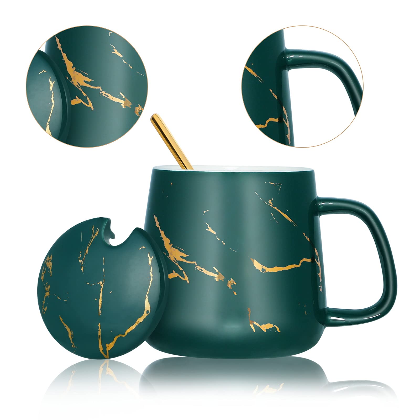 Premium Marbled Ceramic Coffee Mug with Lid & Spoon - 12 oz (350ml) Latte, Cappuccino, Cocoa & Tea Cup - Perfect for Home, Office & Gifts (Green)