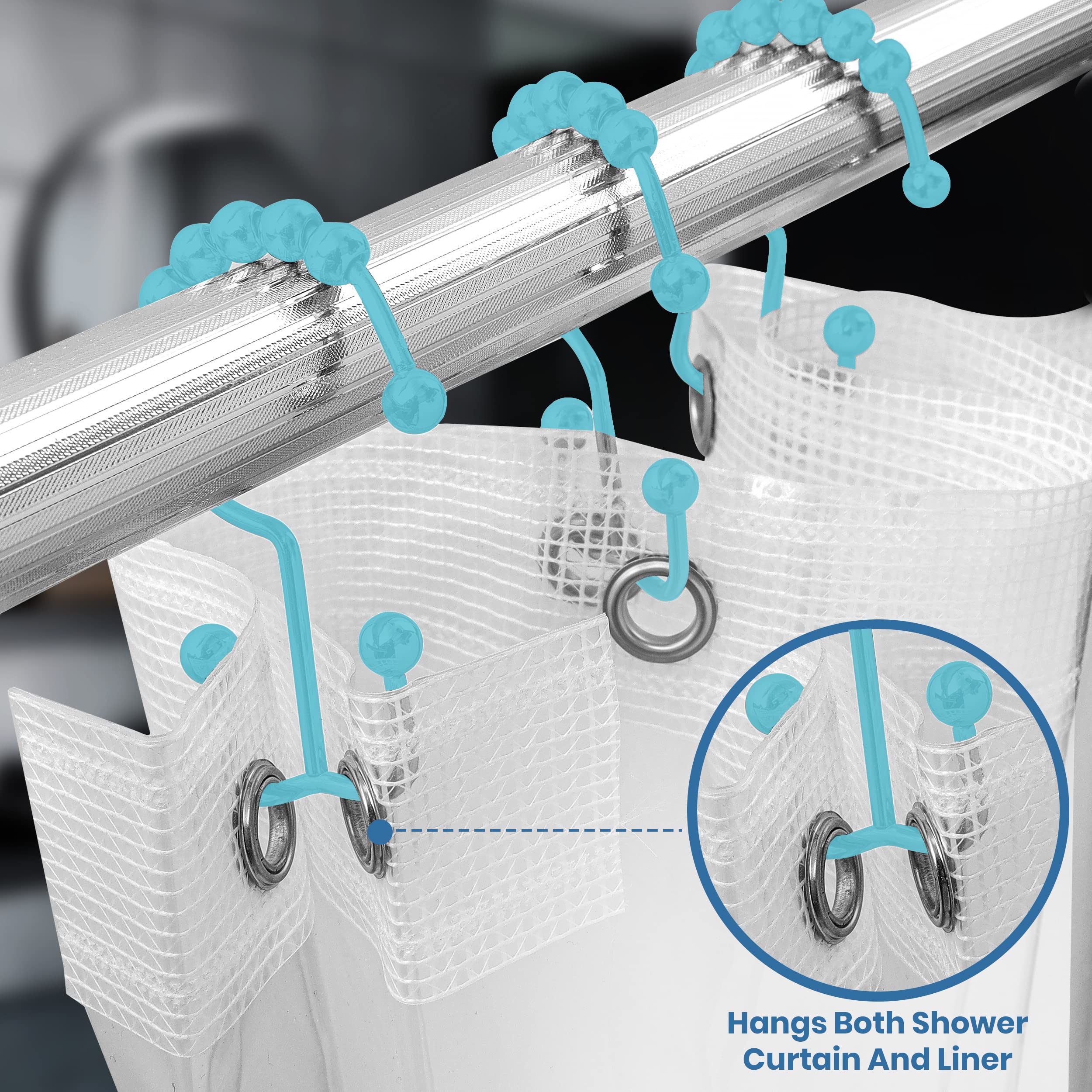 Utopia Bedding 12-Pack Rustproof Double Shower Curtain Hooks - Blue Double-Sided Shower Rings for Bathroom Curtain Rods | Perfect for Modern Bathrooms & Waterproof Shower Spaces