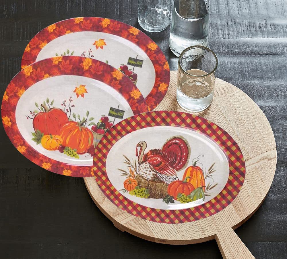 Set of 2 Durable 18-Inch Melamine Oval Serving Trays - Thanksgiving & Holiday Platters with Fall Harvest Design, Shatterproof & Reusable for Turkey, Appetizers, Parties, Buffets, and Family Gatherings - Perfect for Thanksgiving Dinner, Christmas Feasts, and Special Occasions