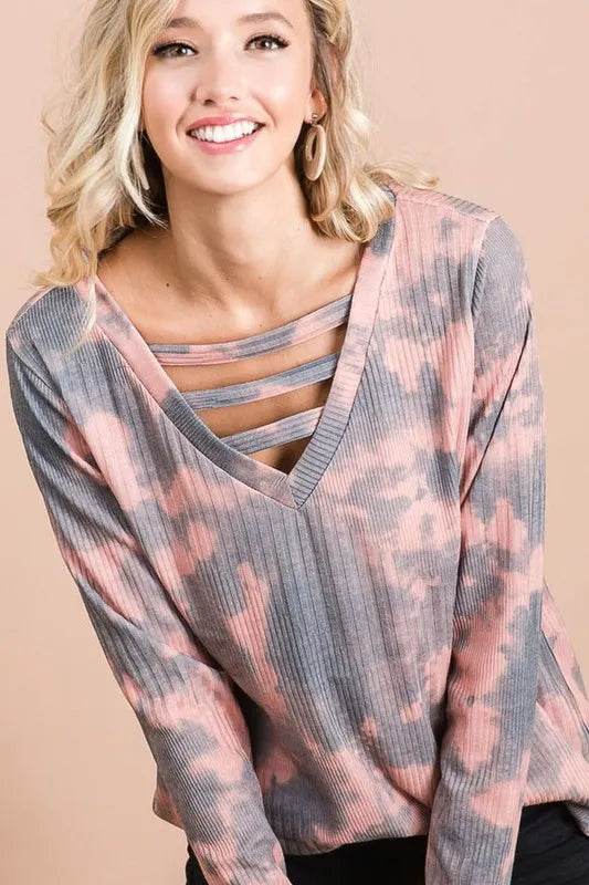 BiBi Variegated Tie Dye Rib V Neck Top with Straps - Stylish Casual Women's T-Shirt for Summer Outings & Beach Vacations