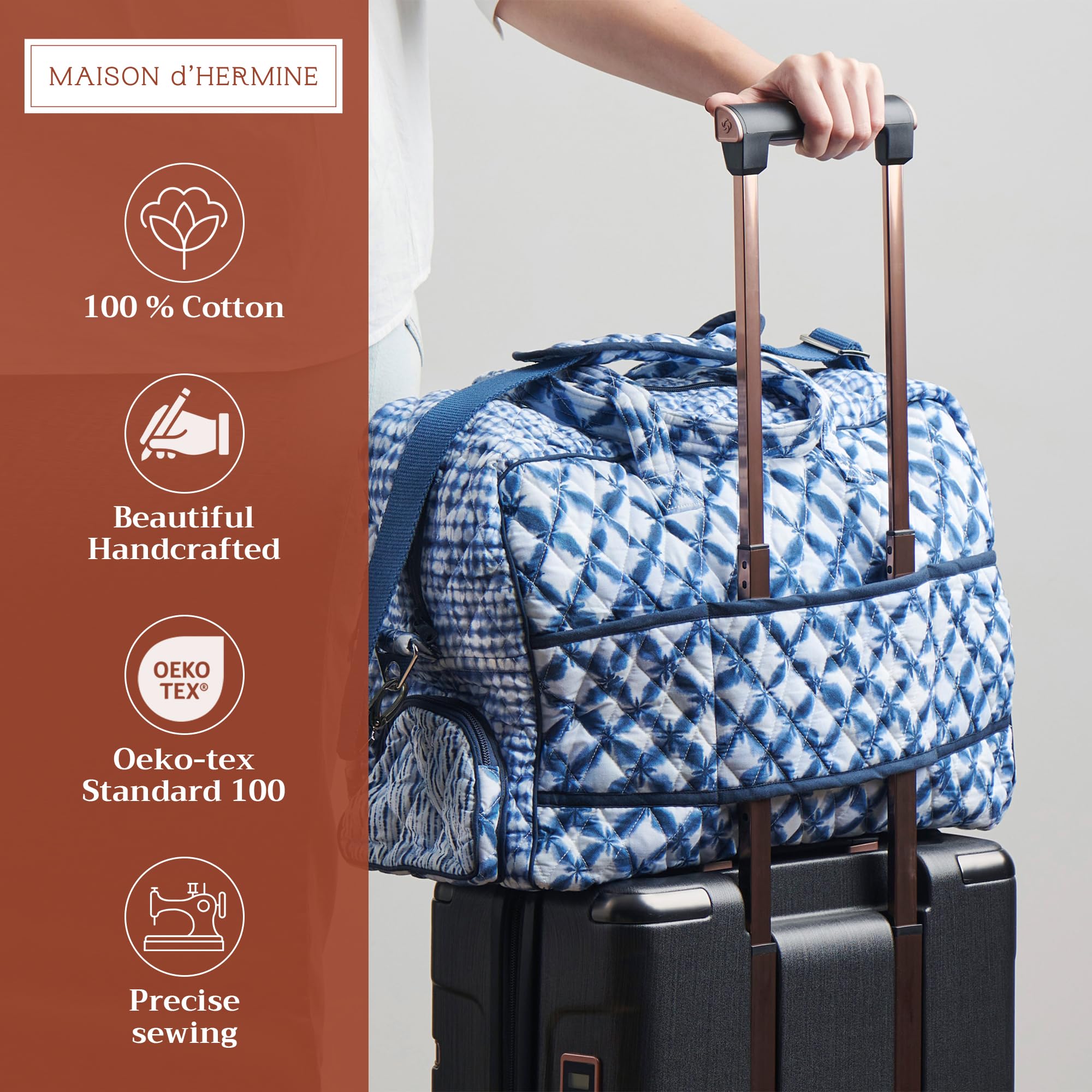 Hermine Weekend Bag - Cotton Quilted Duffel Overnight Luggage for Travel, Gym & Business | Perfect Gift for Men & Women | Great for Family Trips & Business Travel | Shibori Pattern | Durable & Stylish Weekender Bag for Workouts, Vacations & Commuting