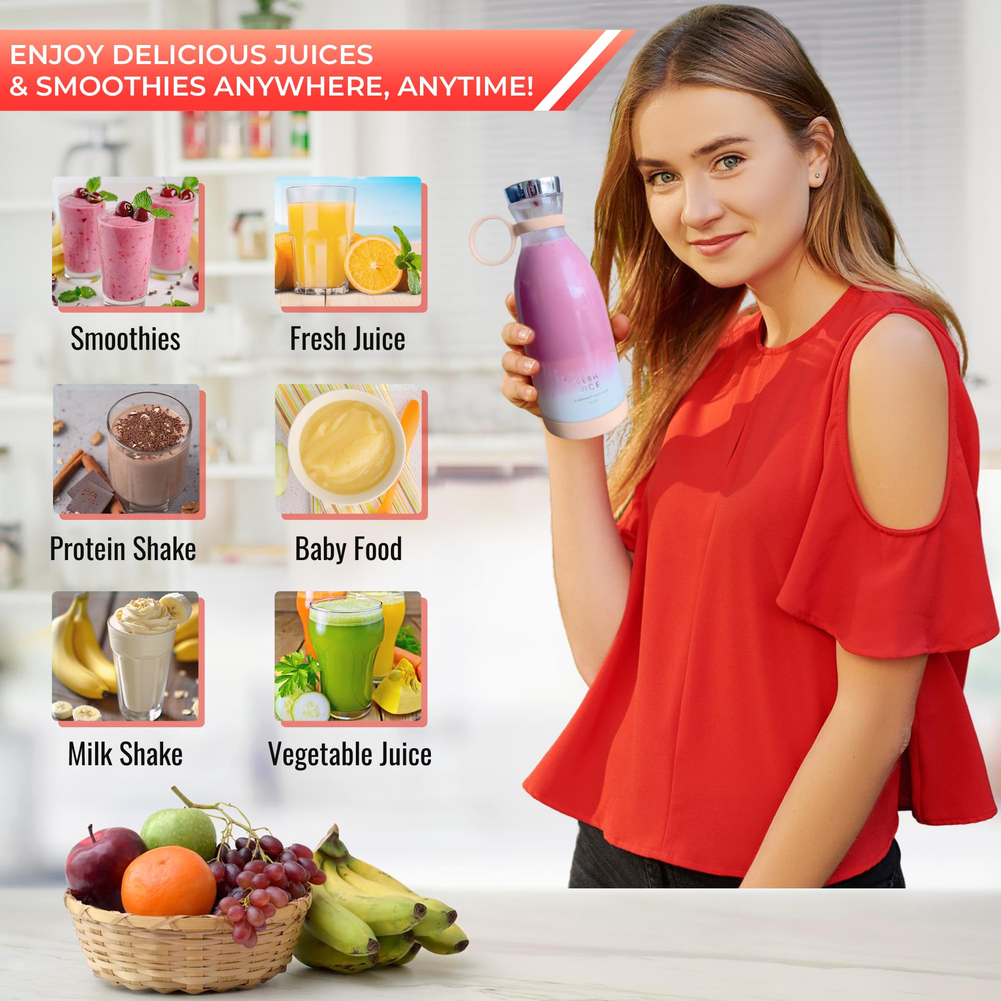 Portable USB Rechargeable Blender - 4 Blades Powerful Smoothie Maker & Juicer for Shakes, Protein Drinks - Perfect for Travel, Office, Gym, Home Kitchen - Compact Personal Blender (Pink)