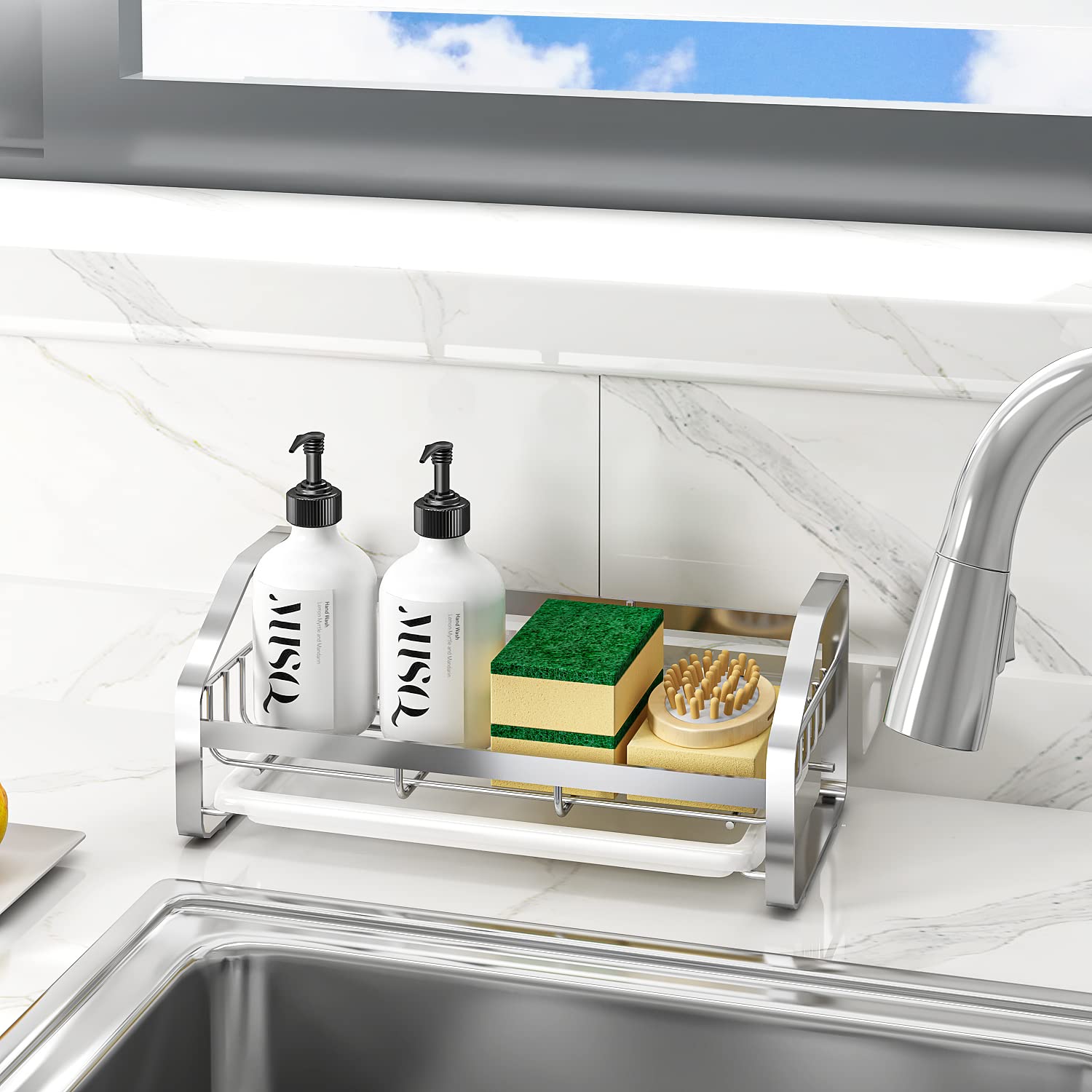 Stainless Steel Sink Caddy & Sponge Holder - 304 Stainless Steel Kitchen & Bathroom Sink Organizer with Removable Drain Tray - Countertop Soap Tray for Sponges, Brushes & Cleaning Supplies - Perfect for Kitchen, Bathroom & Utility Sink Organization (Silver)