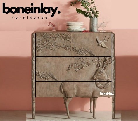 Hand Carved Deer Three Drawers Dresser - Solid Wood Chest of Drawers for Bedroom, Living Room & Nursery Storage Furniture