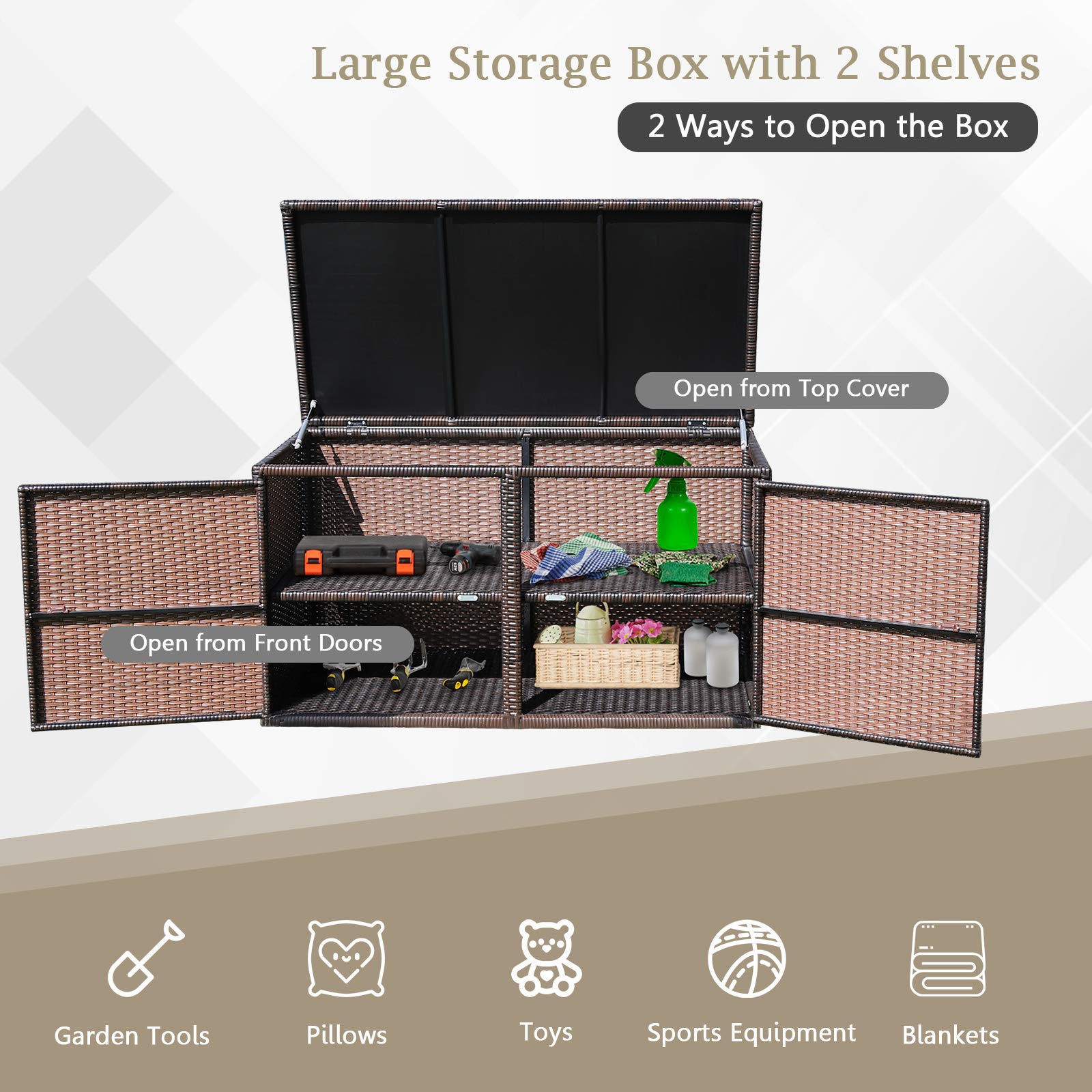 **Tangkula 88 Gallon Outdoor Wicker Storage Box with Steel Frame & Lid – Weather-Resistant Rattan Deck Bin for Garden Tools, Patio Accessories, Pool Toys, and Backyard Organization (Brown)**