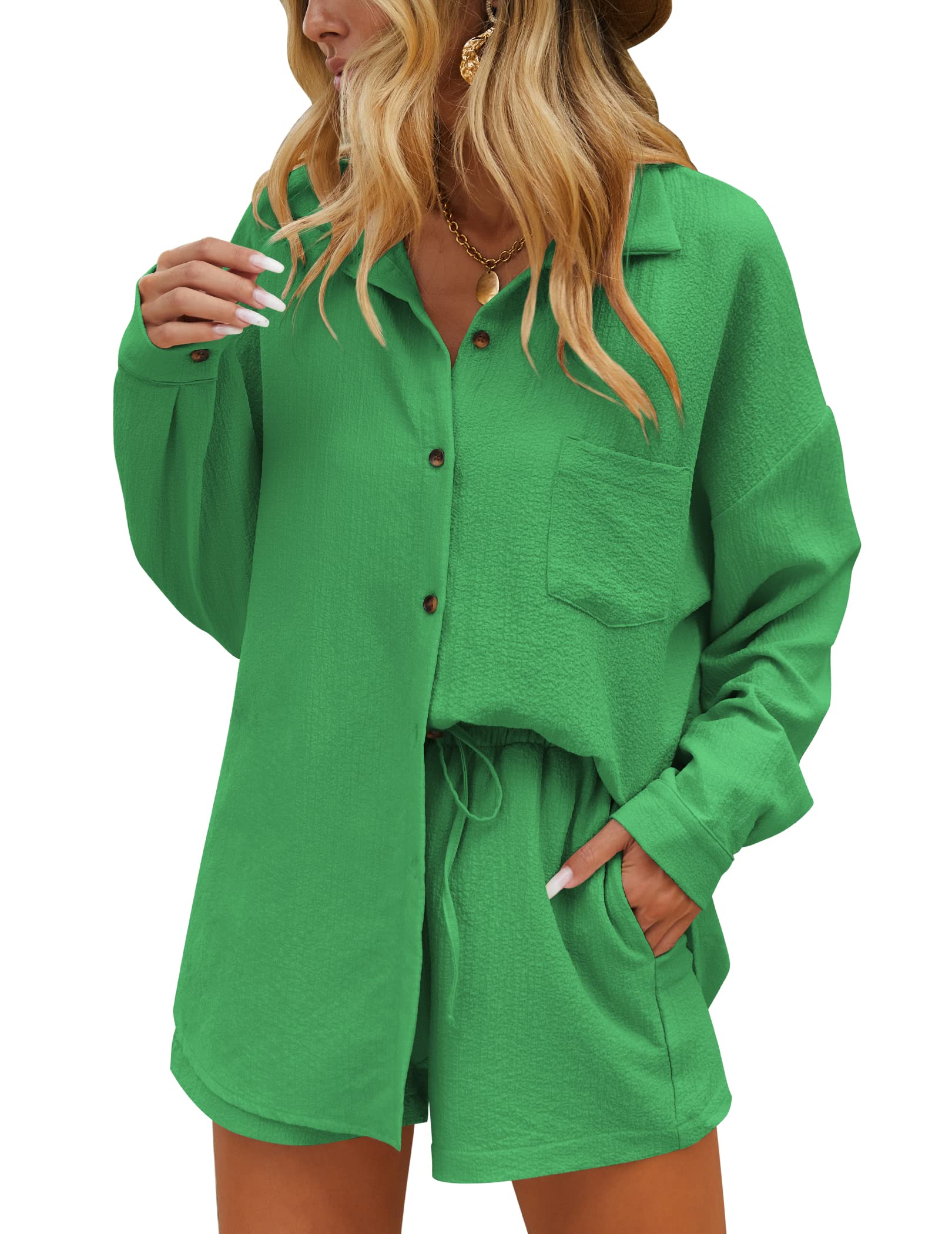 Ekouaer Women's 2-Piece Lounge Set - Summer Button Down Shirt & Casual Shorts with Pockets | Comfortable Outfit for Home, Travel & Casual Wear
