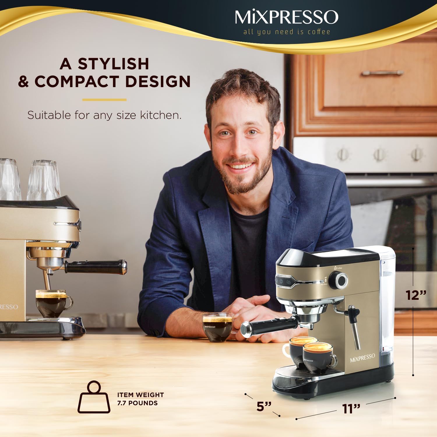Mixpresso Professional 15 Bar Espresso Machine with Milk Frother - Fast Heating 1450W, 37Oz Water Tank - Perfect for Home Baristas, Cappuccino & Latte Maker - Ideal for Morning Coffee, Entertaining Guests & Coffee Shops