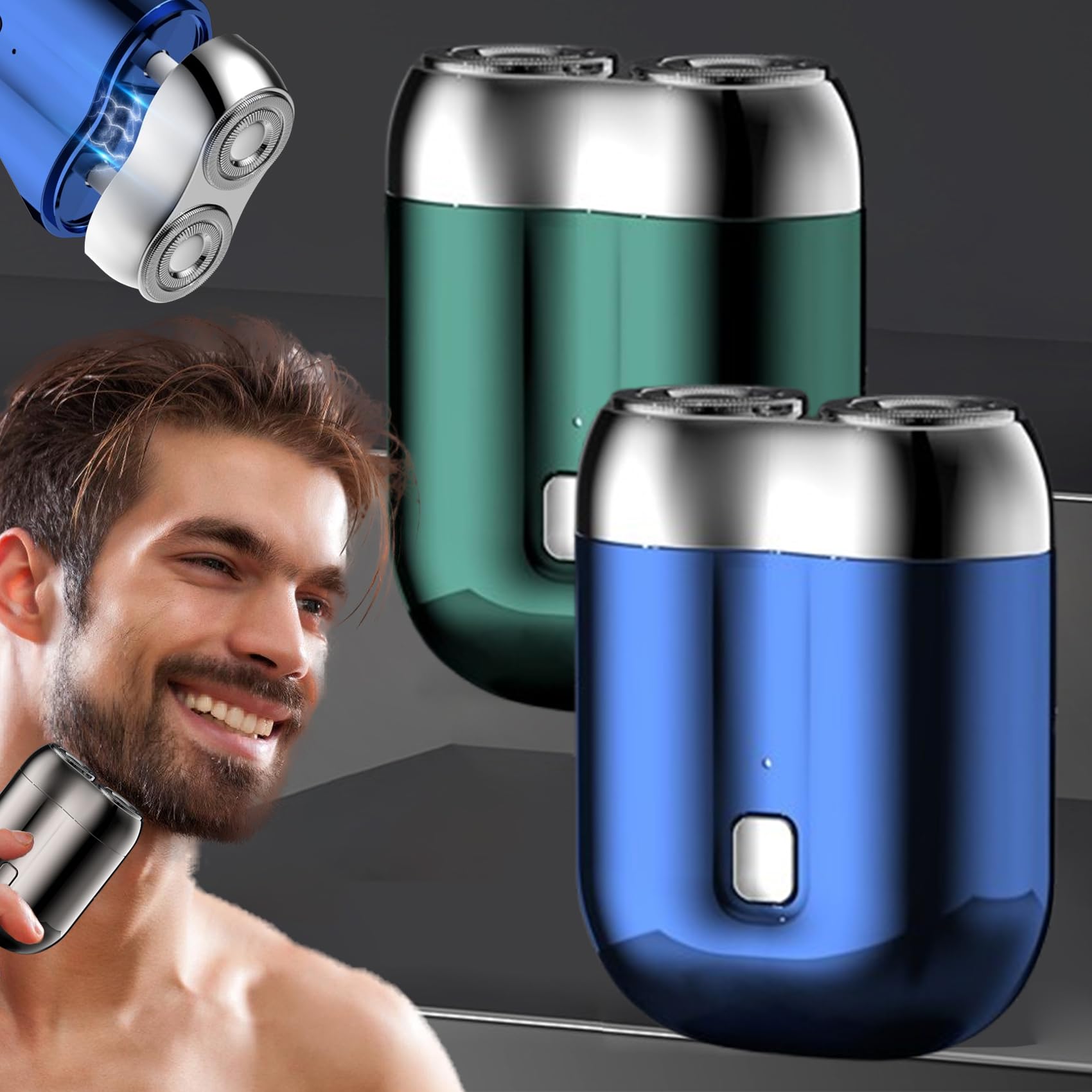 Quatreey Electric Razor for Men - Portable Mini Shaver with Dual Washable Heads, Rechargeable Travel Shaver for Smooth Shaving (Blue & Green) - Perfect for Home, Office & Travel Grooming