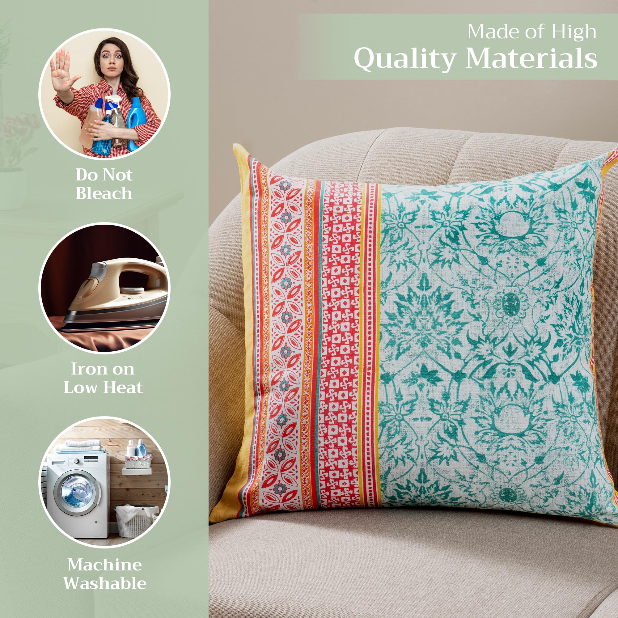 Maison d'Hermine 20x20 Inch Decorative Pillow Covers - 100% Cotton Square Throw Pillow Covers with Hidden Zipper for Sofa, Couch, Bed & Home Decor (Katmandou-Kashmir Design) - Perfect for Easter, Living Room, Bedroom & Seasonal Home Styling