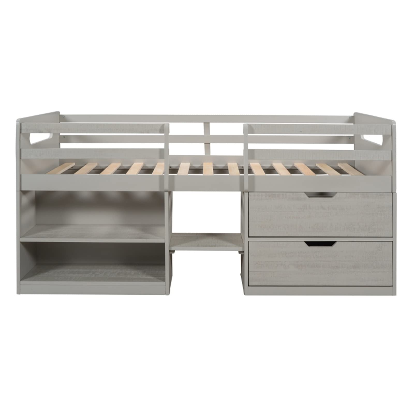 Twin Size Loft Bed with Two Shelves & Two Drawers in Antique Gray - Space Saving Kids Bedroom Furniture for Small Rooms & Dorm Rooms