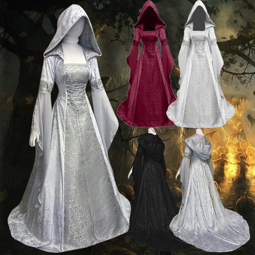 Medieval Women's Dress - Long Sleeve Hooded Floor Length Costume for Renaissance Faire, LARP, Cosplay & Halloween