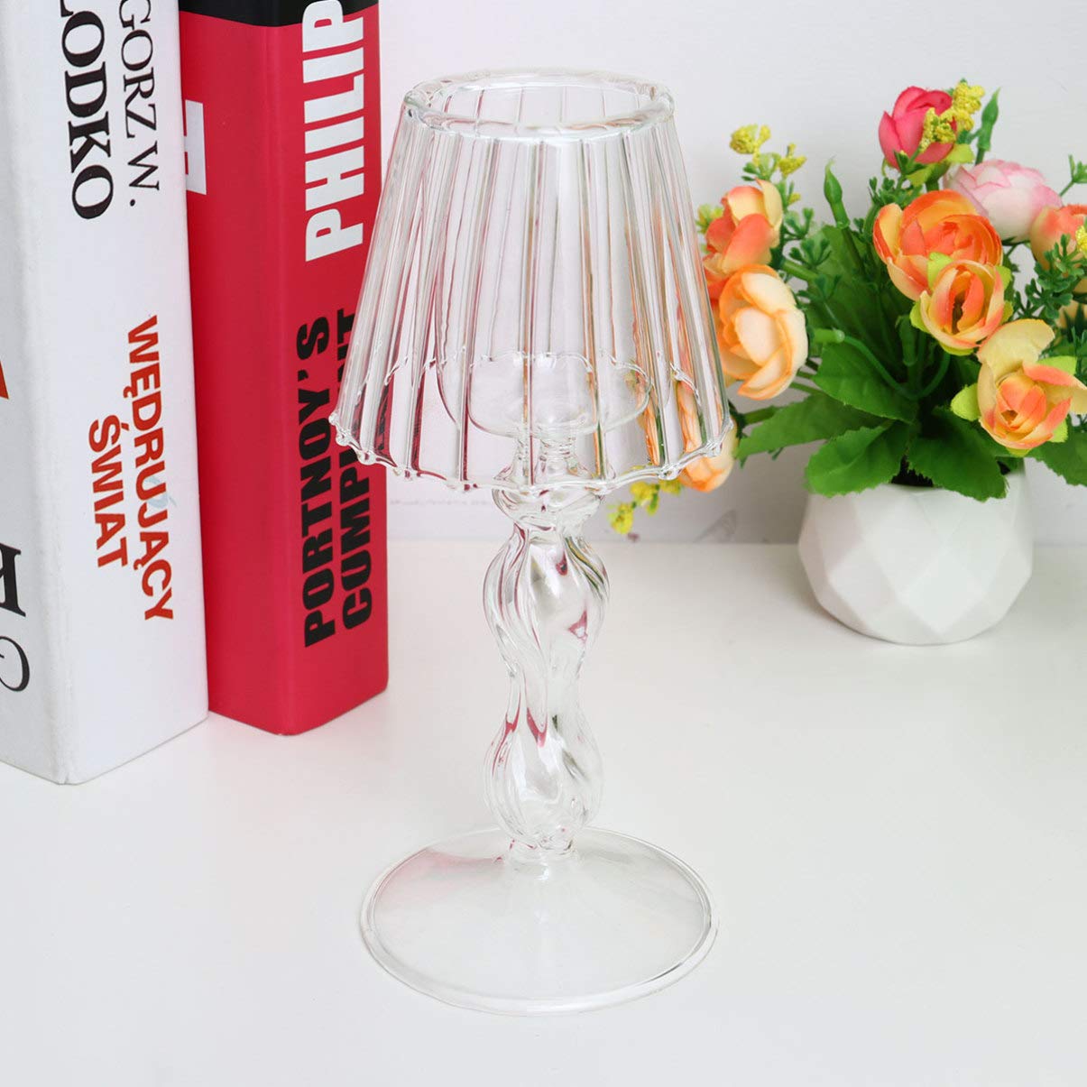 BESPORTBLE Glass Tea Light Candle Holder - Elegant Desk Lamp Shape Candle Stand for Wedding, Valentine's Day & New Year Decor | Perfect as Table Centerpiece for Dining Room, Romantic Dinner & Home Decor