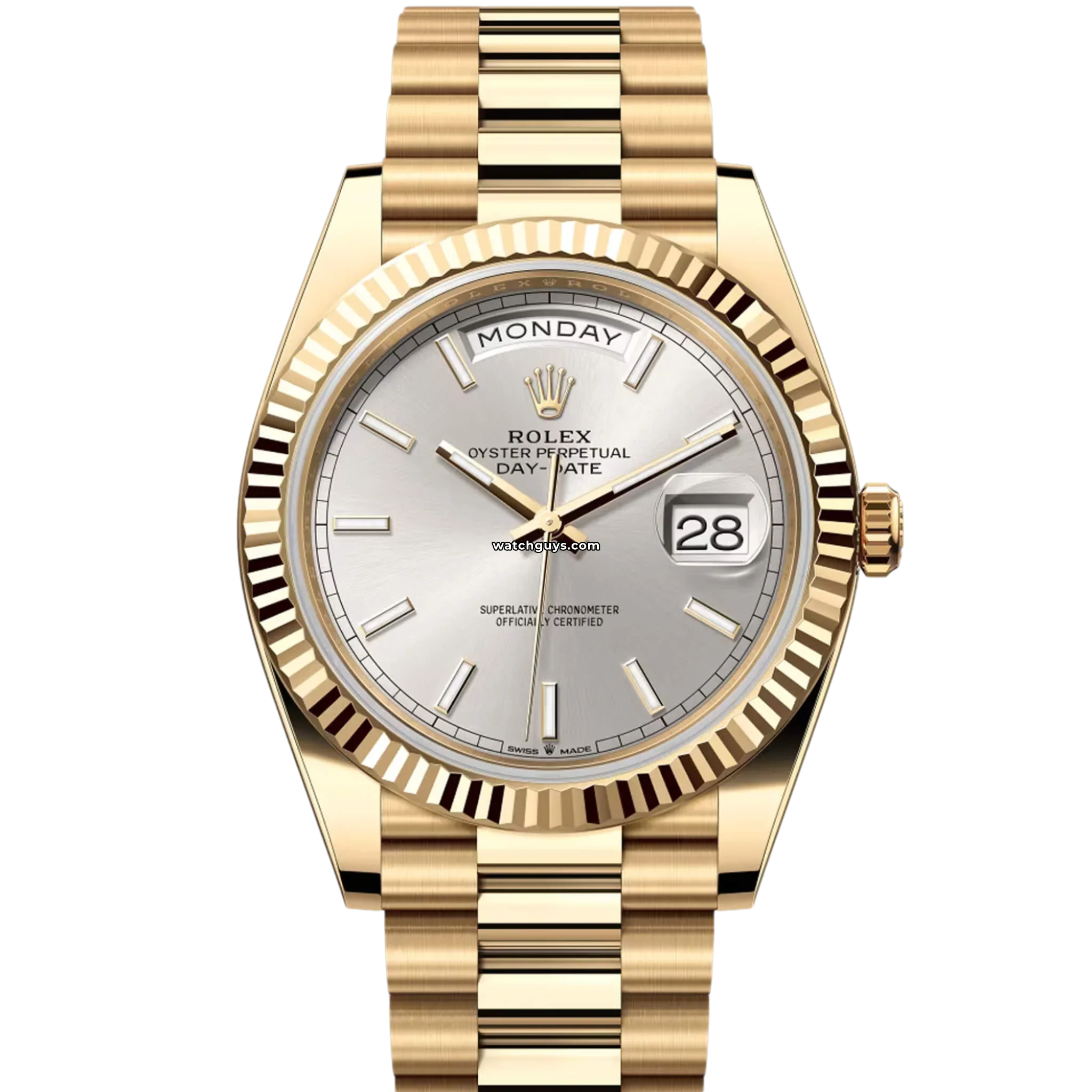 Rolex Day Date 228238 18K Yellow Gold Men's Watch with Silver Index Dial - Luxury Dress Watch for Business & Formal Occasions