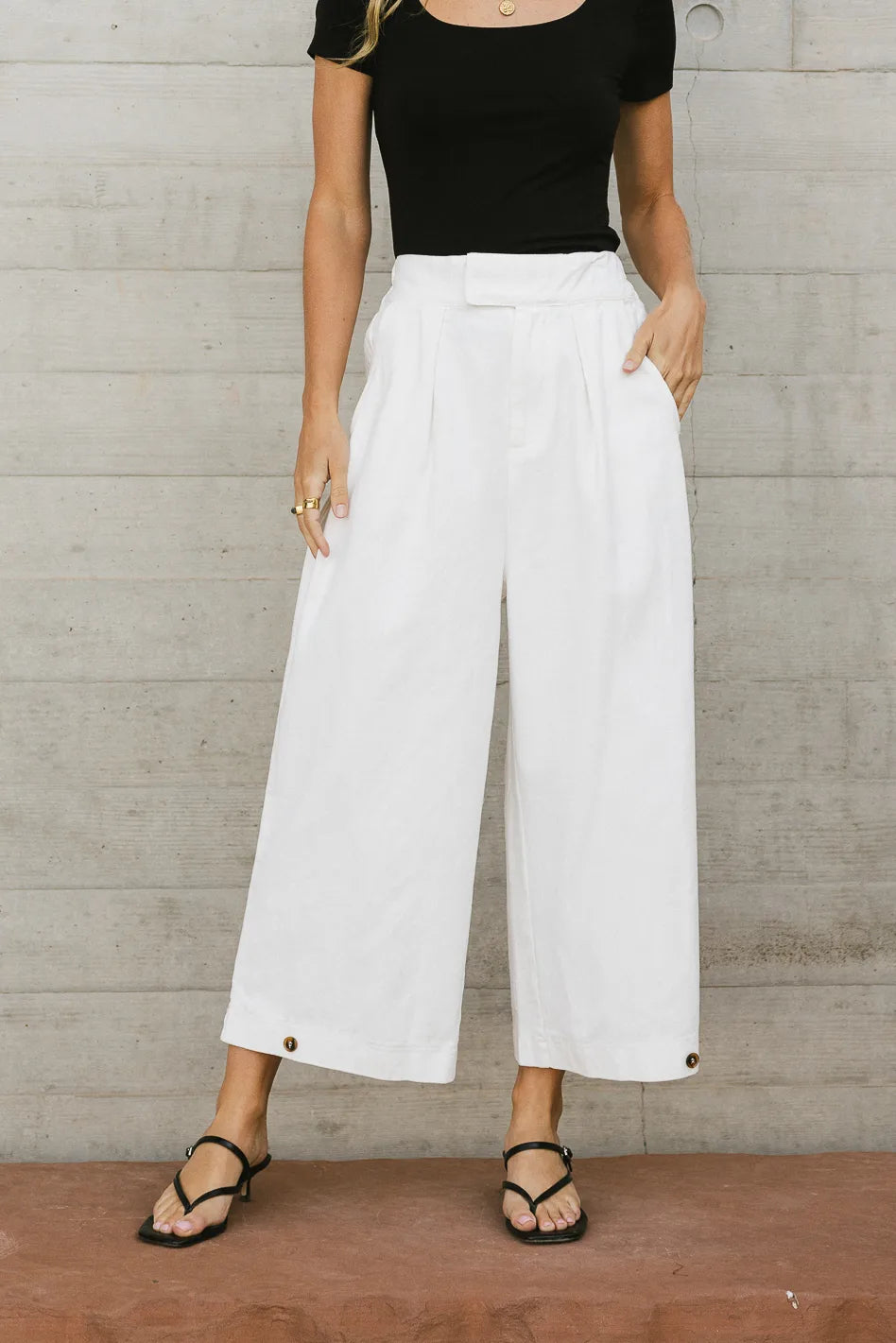 Elke Button Slacks in White - Women's High Waisted Trousers for Office & Casual Wear - Final Sale