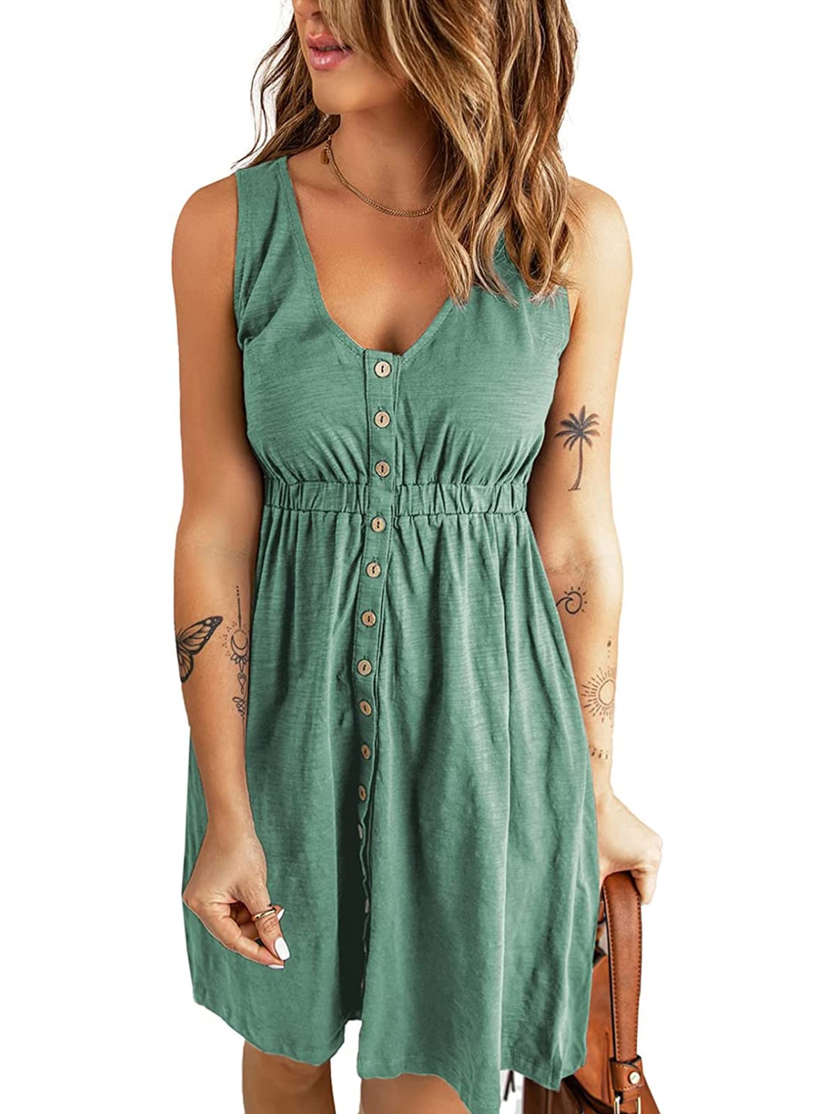 Acelyn Women's Summer Sleeveless Casual Dress - V Neck Button Down Elastic Waist Tank Swing Mini Dress for Beach, Vacation & Outdoor Activities