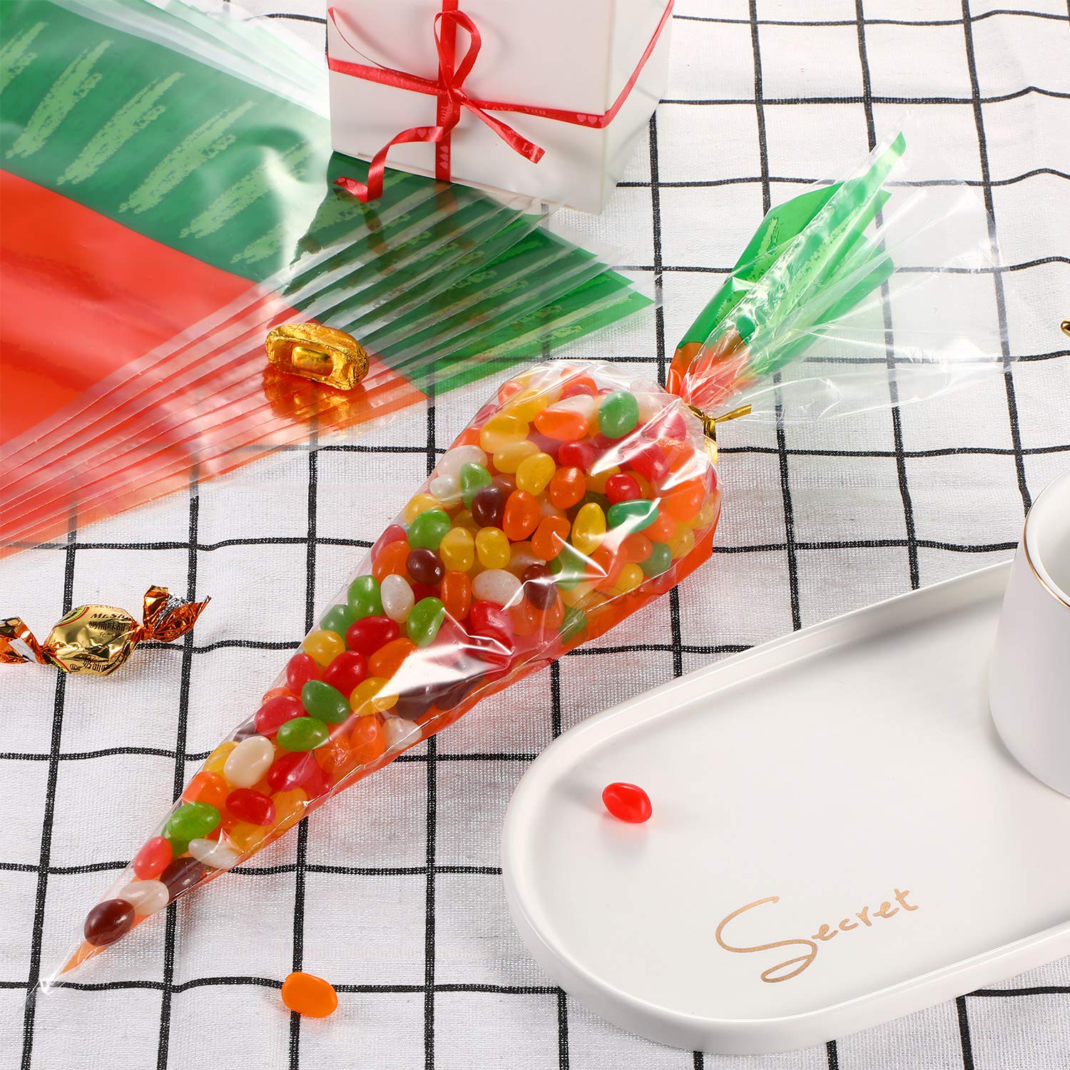 200 Counts Easter Carrot Patterned Cellophane Treat Bags with Gold Twist Ties - Party Favors for Easter Egg Hunts, Classroom Rewards & Holiday Gift Wrapping (200 Pieces)