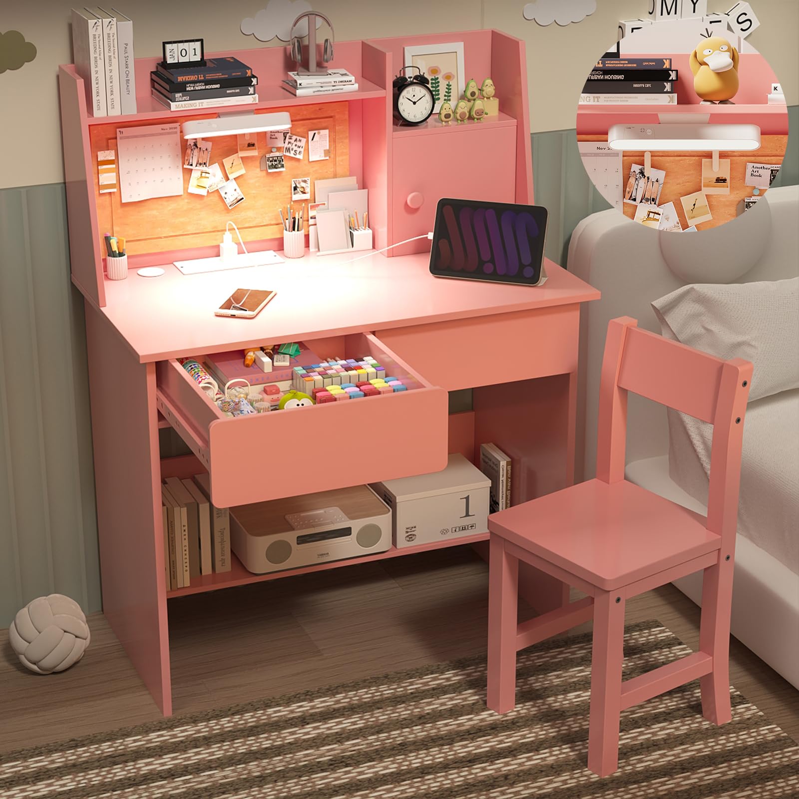 Pink Kids Study Desk and Chair Set with 3-Color LED Lights, Charging Station & Storage Drawers - Perfect Study Table for Children Ages 5-12 - Ideal for Homework, Drawing & Online Learning in Bedroom or Playroom