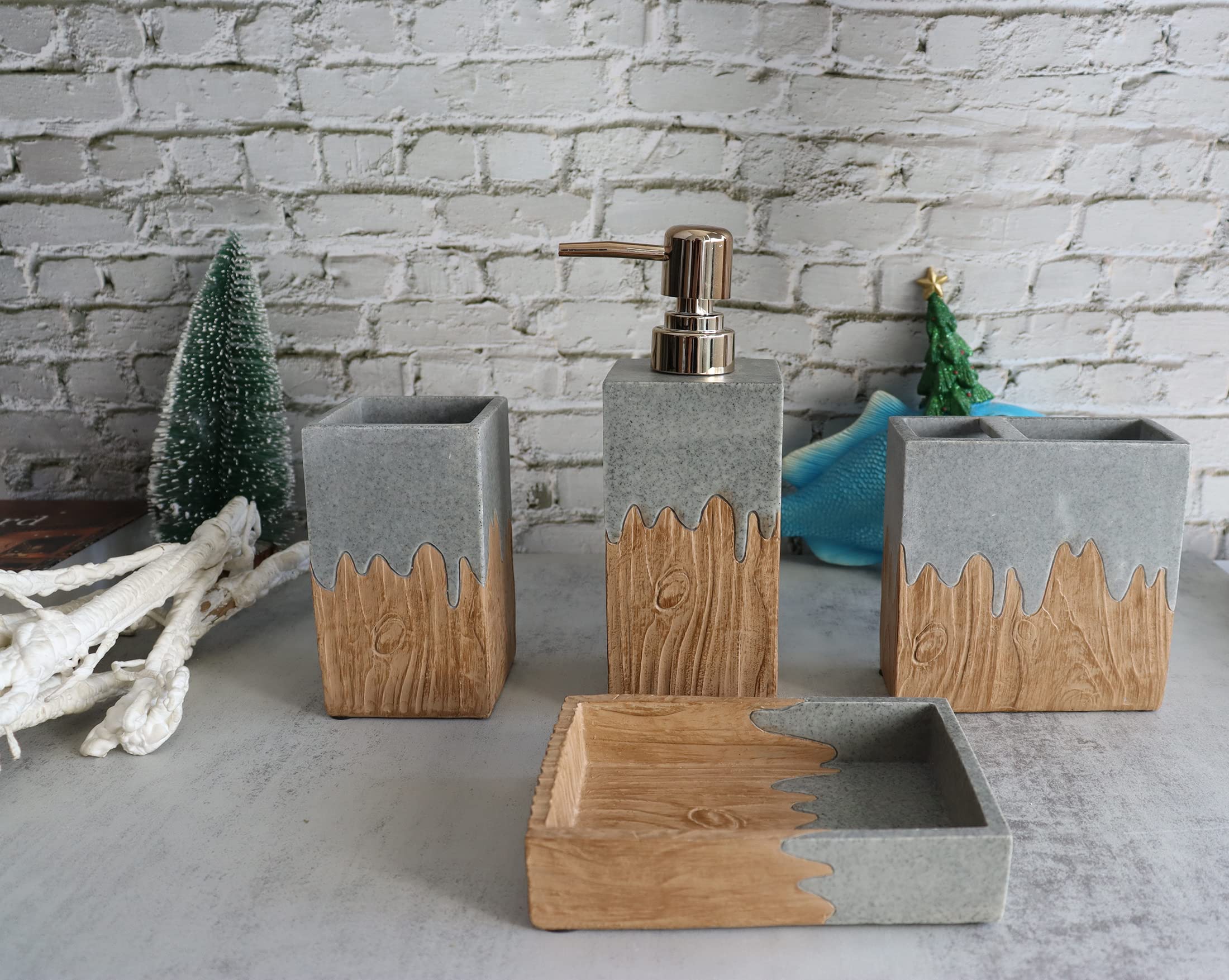 Hymmah Wooden Bathroom Accessories Set - 4 Piece Farmhouse Decor with Toothbrush Holder, Soap Dispenser, Soap Dish & Tumbler | Rustic Apartment Essentials for Modern Bathroom Organization
