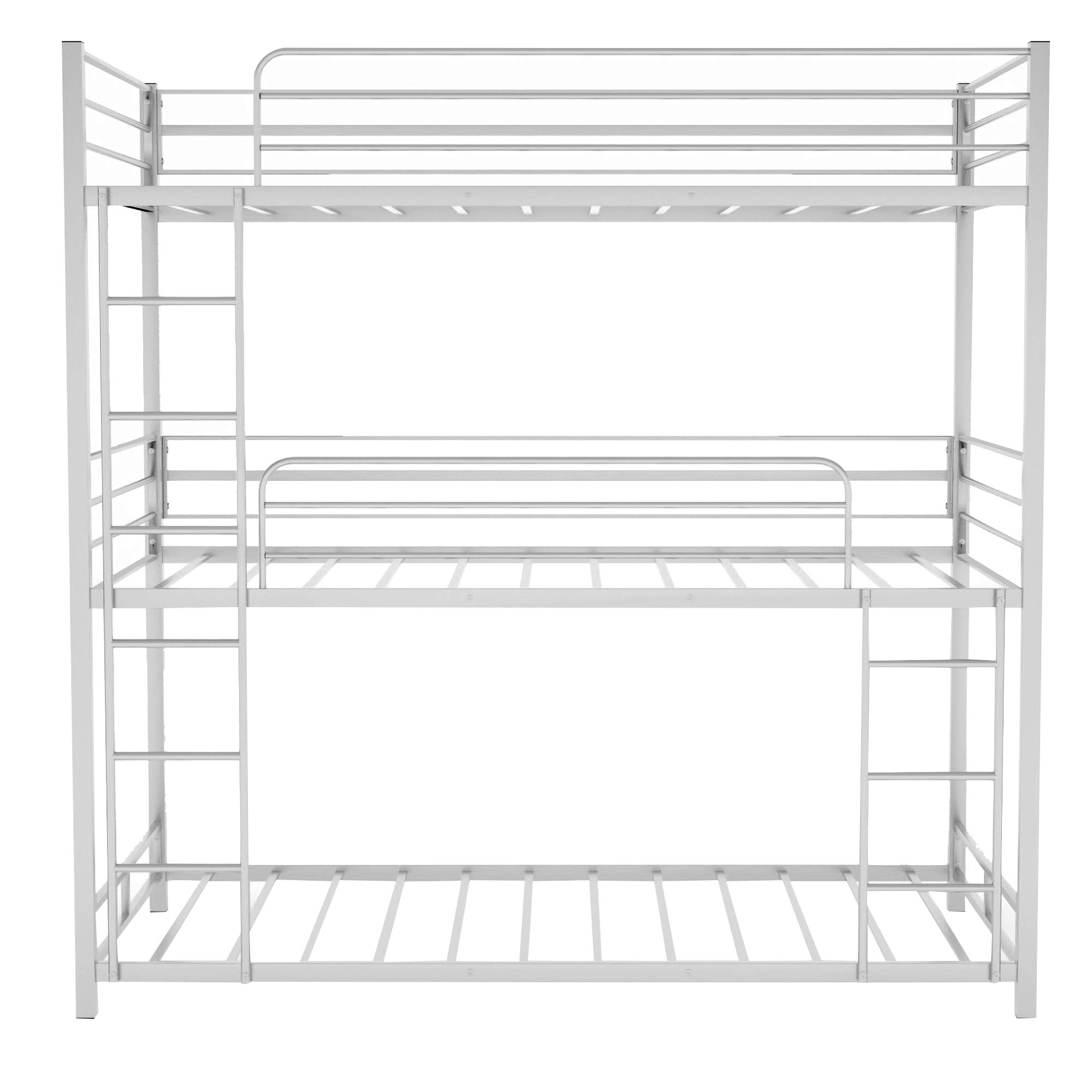 Triple Bed Bunk - Twin Over Twin Over Twin Metal Bunk Bed Frame with Safety Guard Rails & Ladder for Kids/Teens - No Box Spring Needed - Silver & Steel - Perfect for Kids' Bedrooms, Dorm Rooms & Space-Saving Solutions