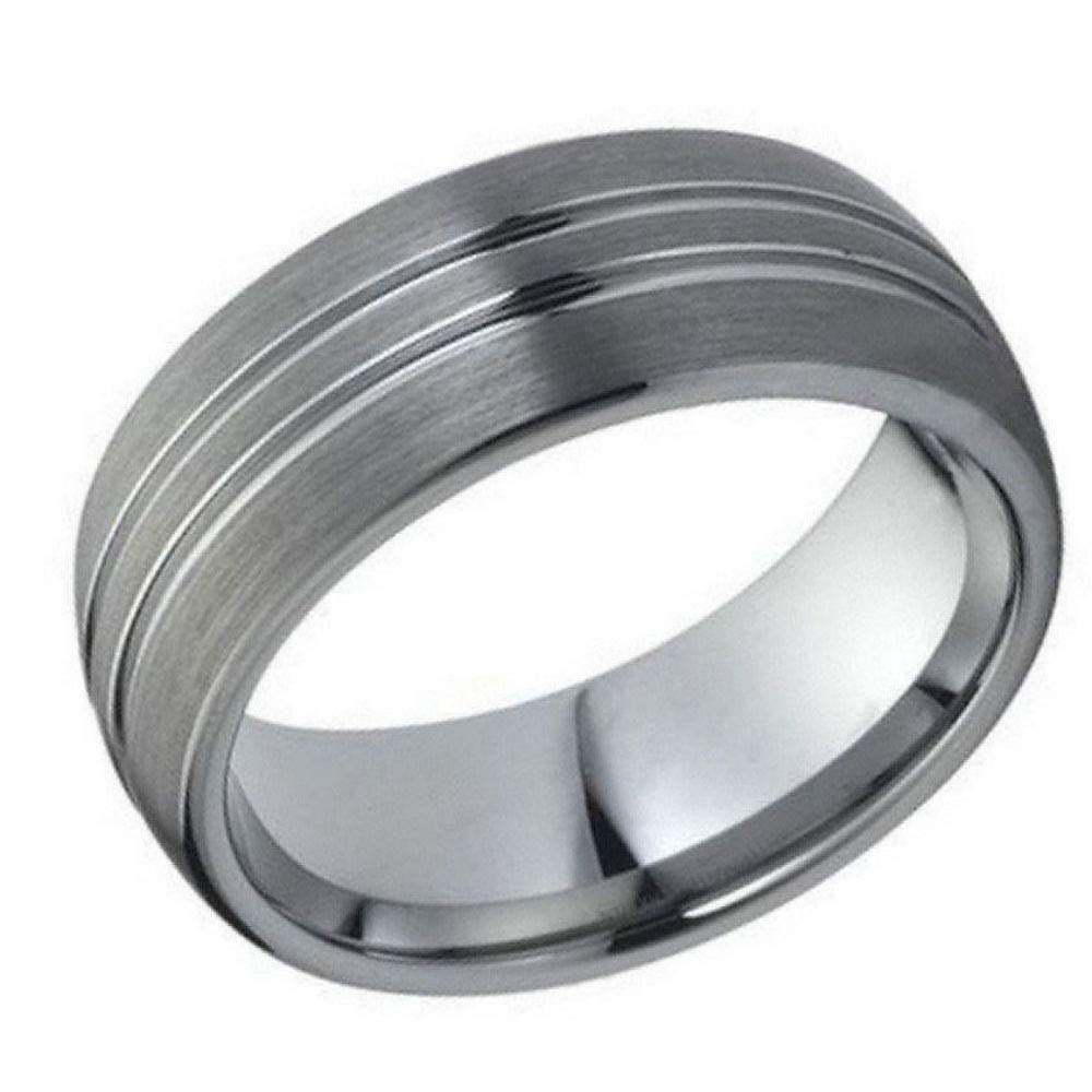 8mm Brushed Tungsten Carbide Men's Wedding Band - Comfort Fit Domed Ring with Grooved Center for Anniversary, Engagement & Everyday Wear