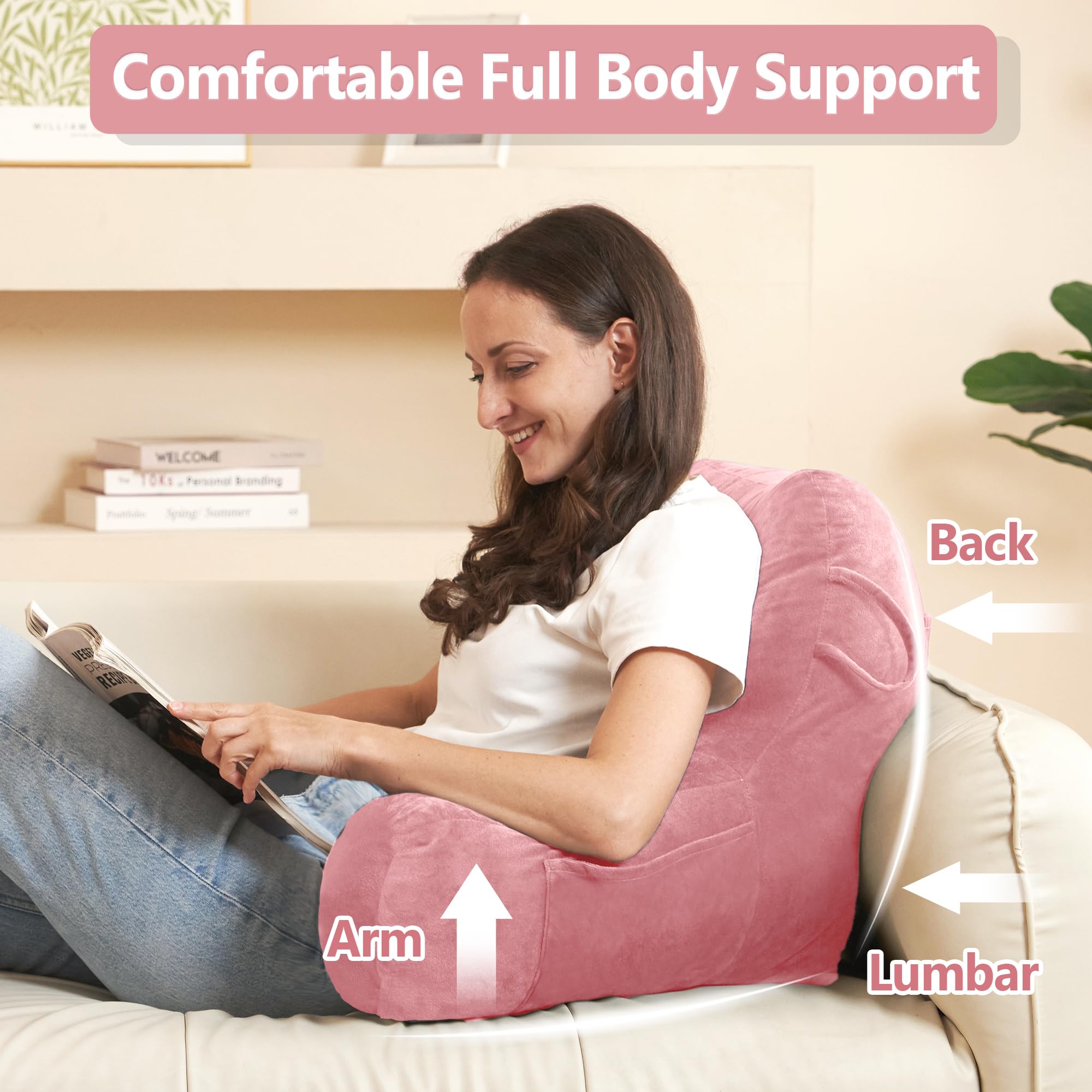 Portable Comfort Reading Pillow for Adults - Soft Bed Pillow with Arms & Pockets, Elastic Sponge & Washable Cover - Perfect for Reading, Watching TV, Gaming & Relaxing in Bed (Pink) - Ideal for Book Lovers, Movie Nights & Cozy Evenings