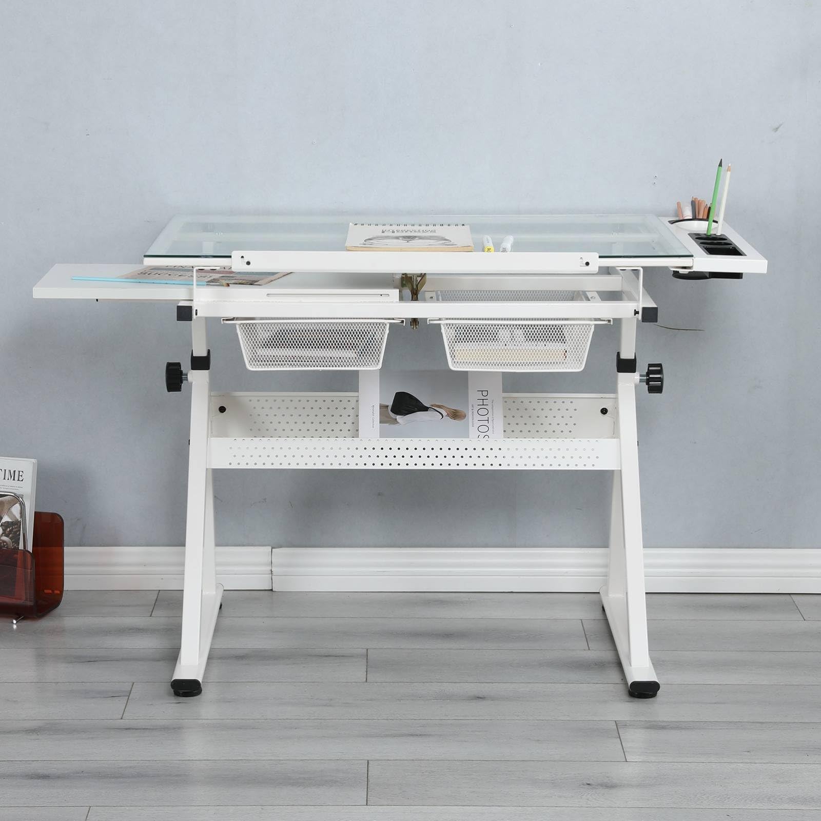 Adjustable Tempered Glass Drafting Table with Stool - Modern Art Studio Desk for Drawing, Design & Office Work | Perfect for Artists, Architects & Students in Home Office or School Settings