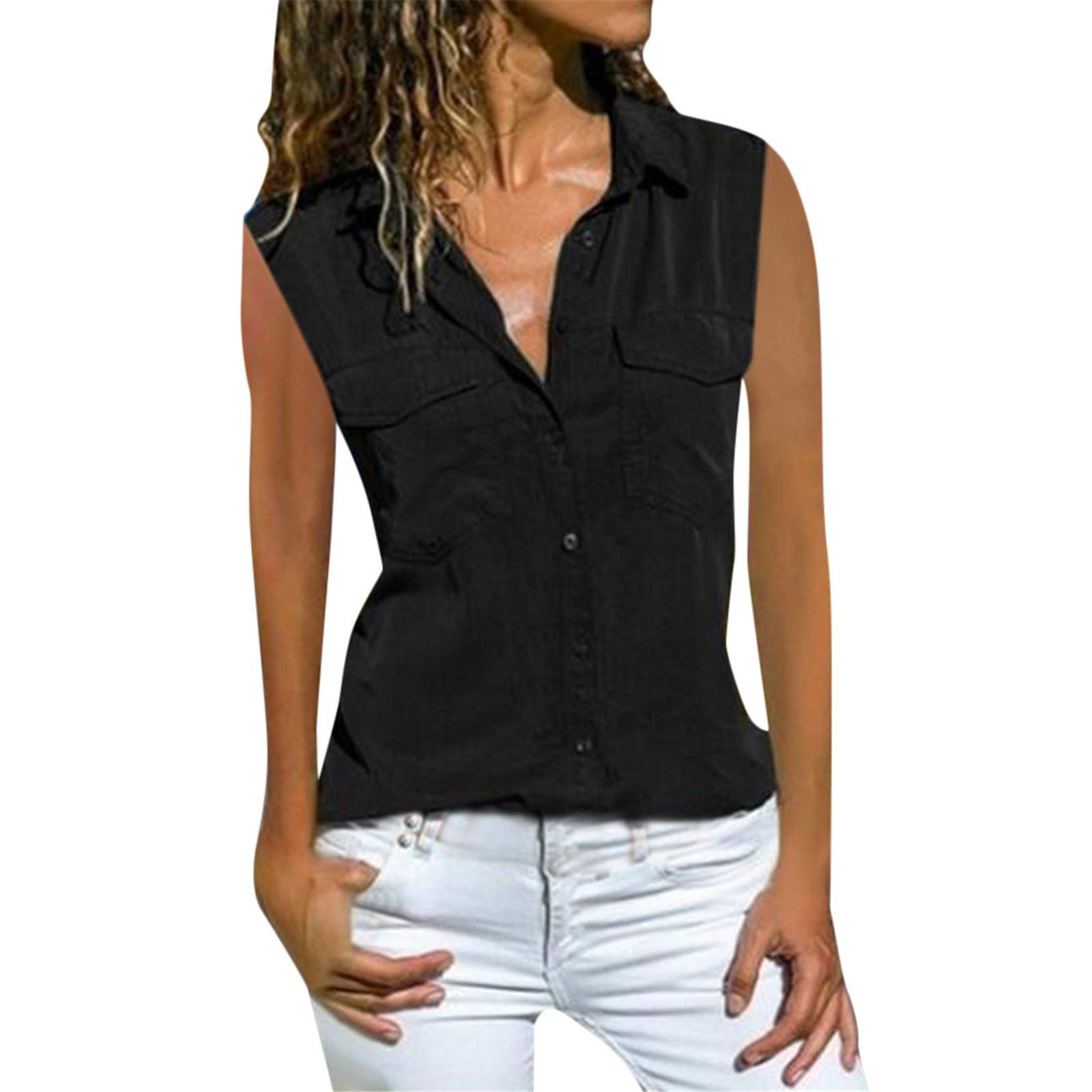 Women's Summer Sleeveless T-Shirts with Pockets - Casual Solid Color V-Neck Button Down Tops for Outdoor Activities, Beach Wear & Daily Fashion