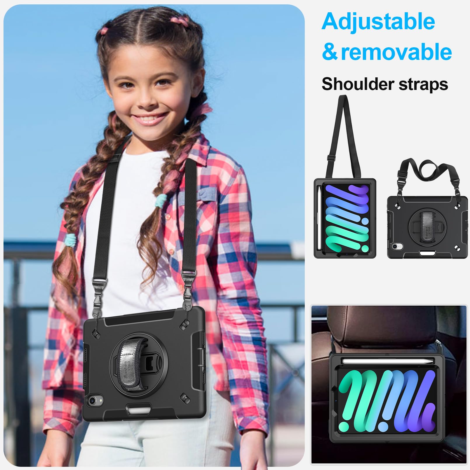 Military Grade Shockproof iPad Mini 7 Case (2024 Model A17 Pro) - 8.3 Inch Protective Cover with Screen Protector for iPad Mini 7th/6th Gen - Includes Stand, Handle, Shoulder Strap & Apple Pencil Holder - Perfect for Travel, Work & Outdoor Activities - Black