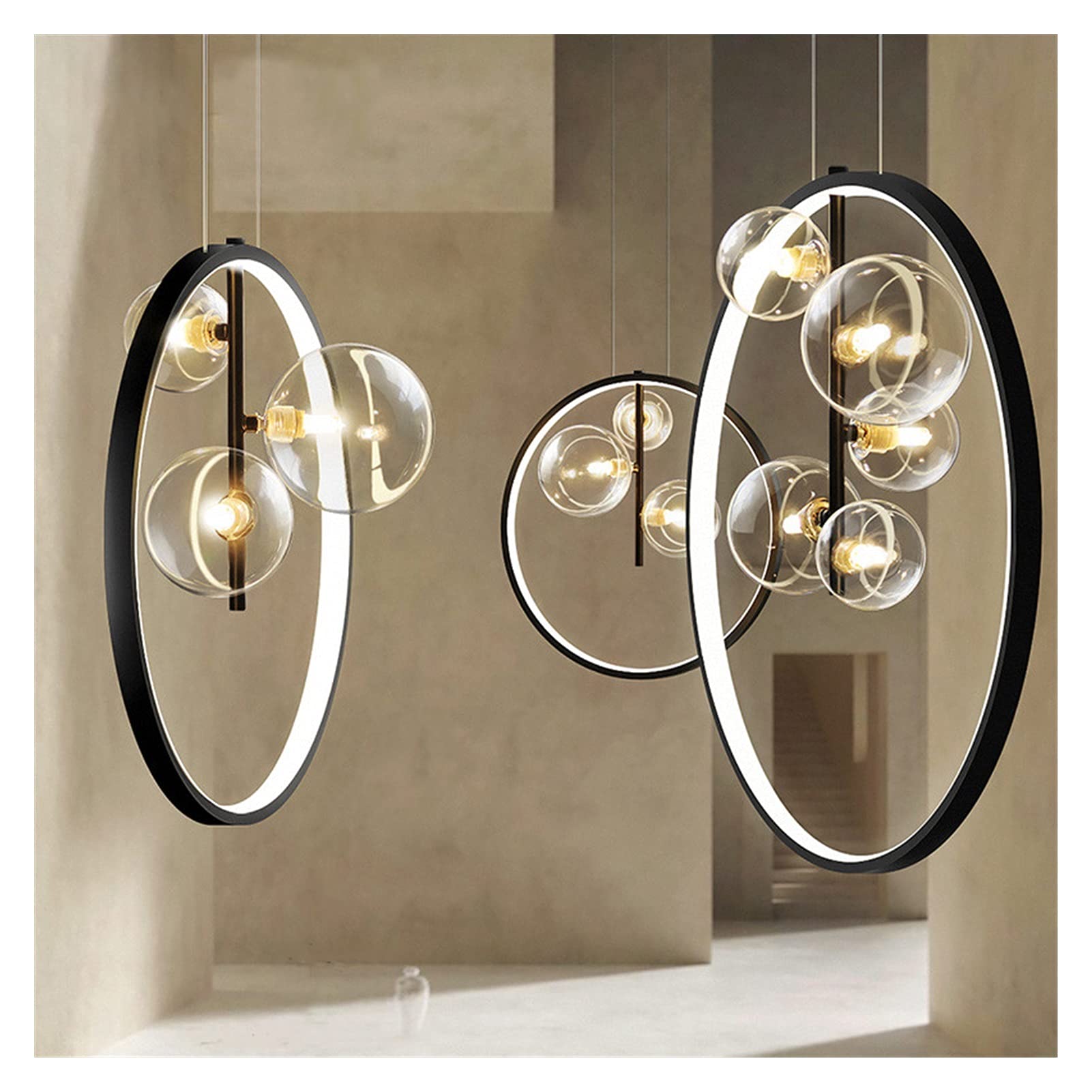Modern LED Bubble Chandelier - Black Circle Pendant Light with Warm White Lighting for Living Room, Dining Room & Kitchen | Dimmable Hanging Fixture for Loft, Apartment & Restaurant Decor (220V, Small Size)