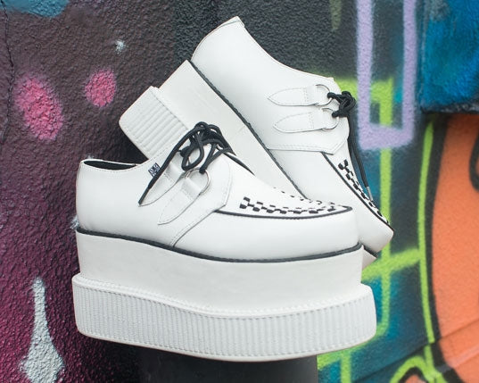 T.U.K White Leather 3x Sole Viva Mondo Creeper Shoes for Women - Chunky Platform Sneakers for Punk, Gothic & Alternative Fashion - Perfect for Concerts, Clubbing & Street Style