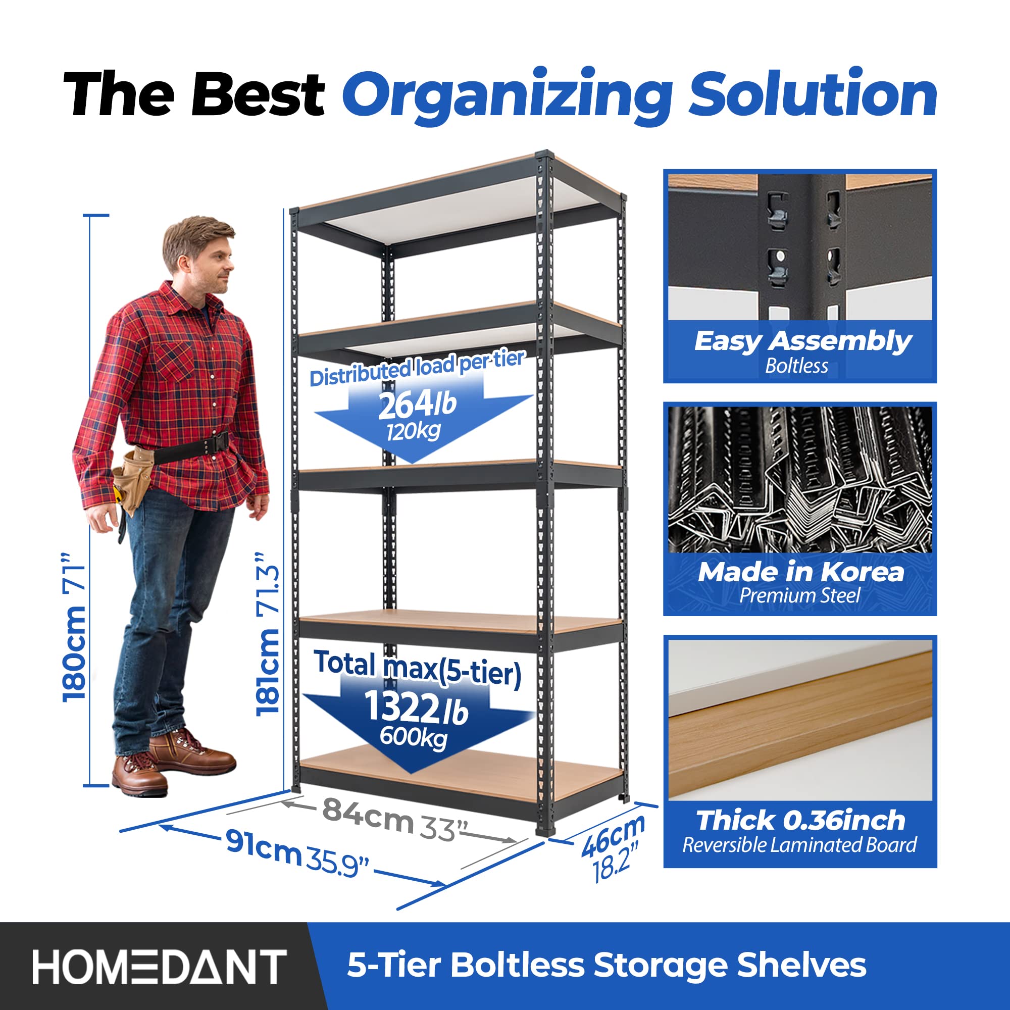 HOMEDANT 5-Tier Heavy Duty Boltless Metal Shelving Unit - Adjustable Garage Storage Rack, 35.9