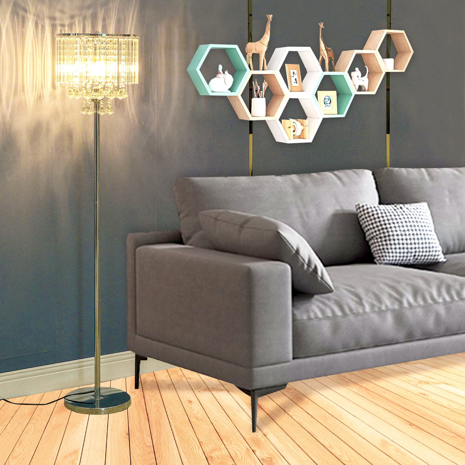 Modern Crystal Floor Lamp with On/Off Foot Switch - 3-Light Glass & Chrome Standing Lamp for Living Room, Bedroom, Office - Elegant Reading Corner Lighting for Home & Cafe Decor